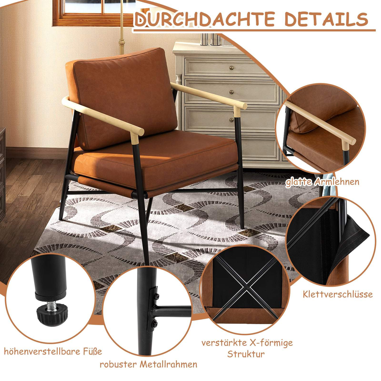 Poltrona lounge in similpelle marrone con cuscini sfoderabili.