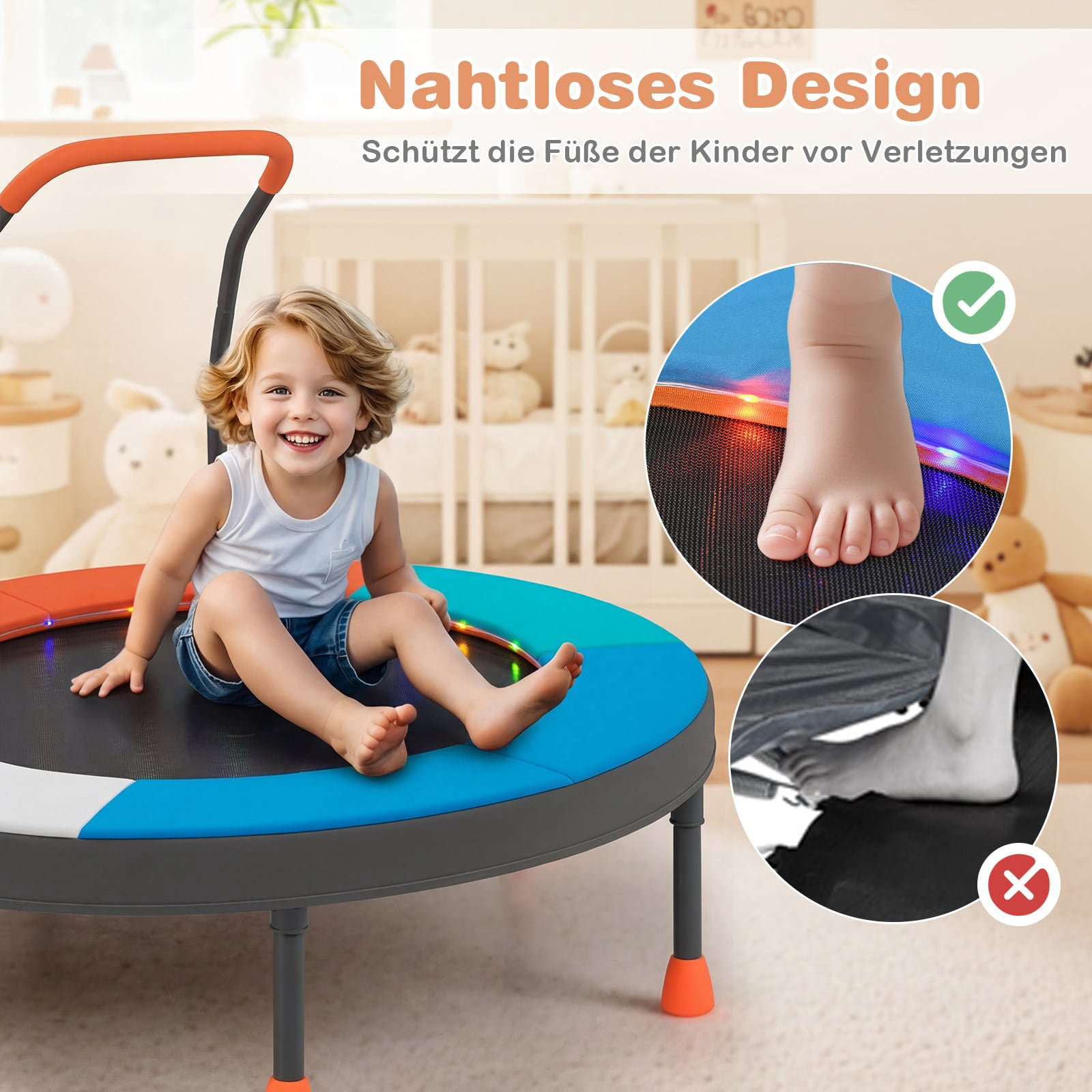 Kids Mini Trampoline with LED Lights & Handle, Foldable