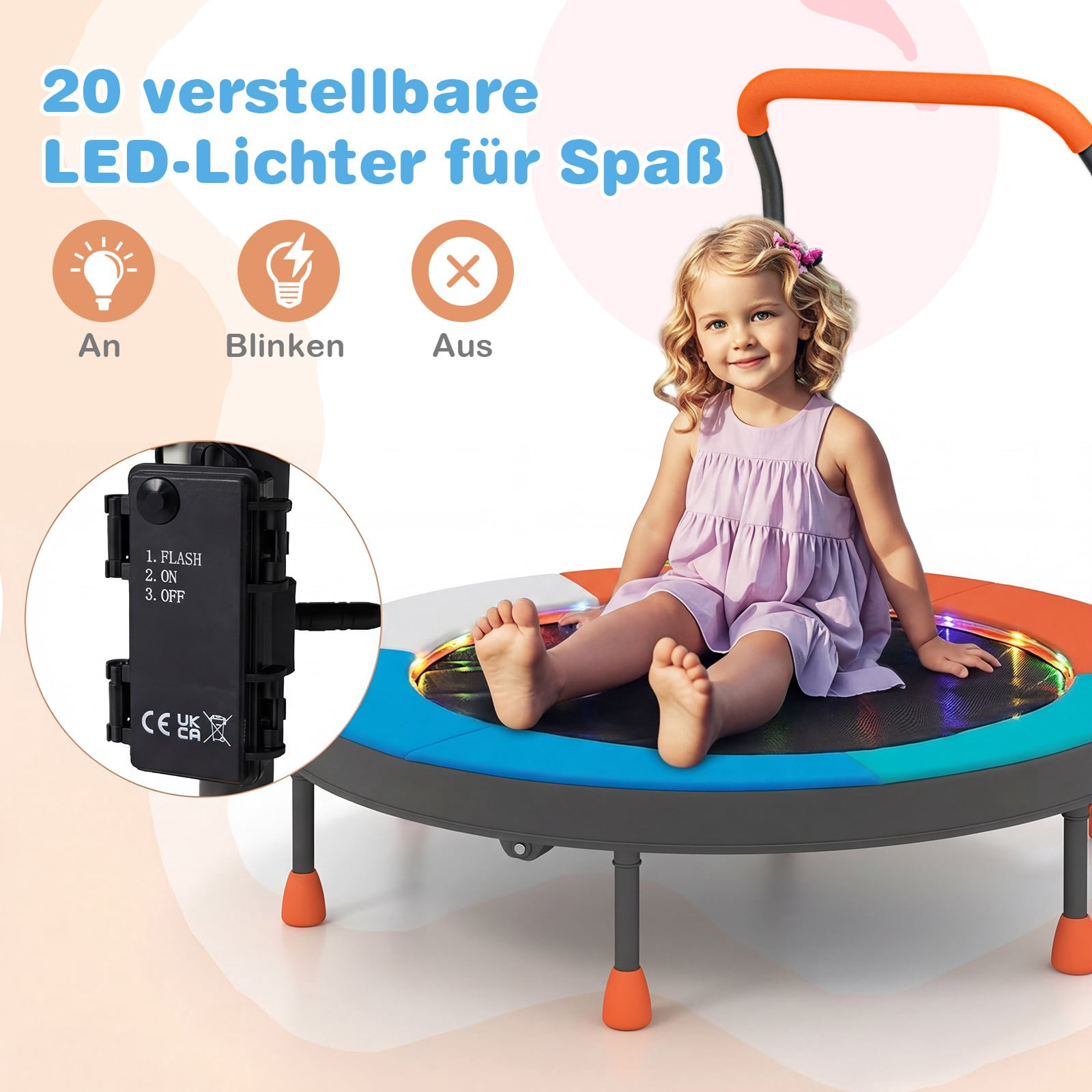 Kids Mini Trampoline with LED Lights & Handle, Foldable