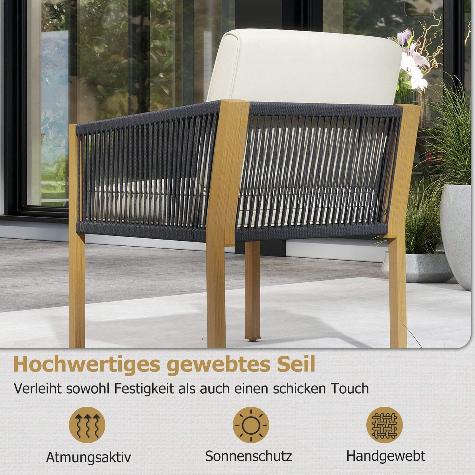 Set da bistrot a 3 pezzi con cuscini, beige, per balcone e giardino