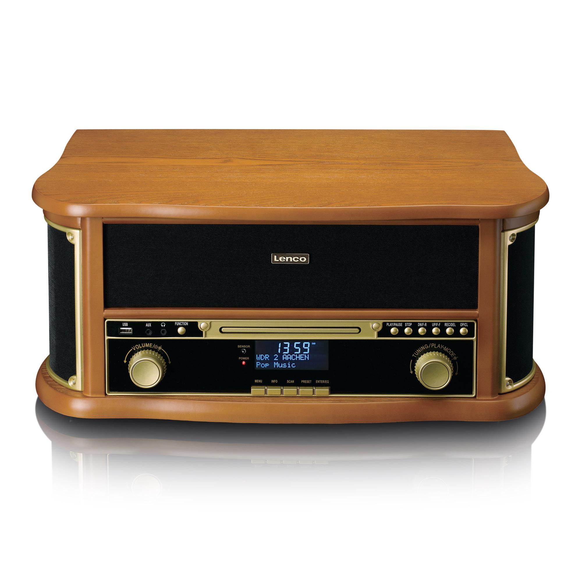 Toca-discos retrô de madeira com Bluetooth, CD e cassete.