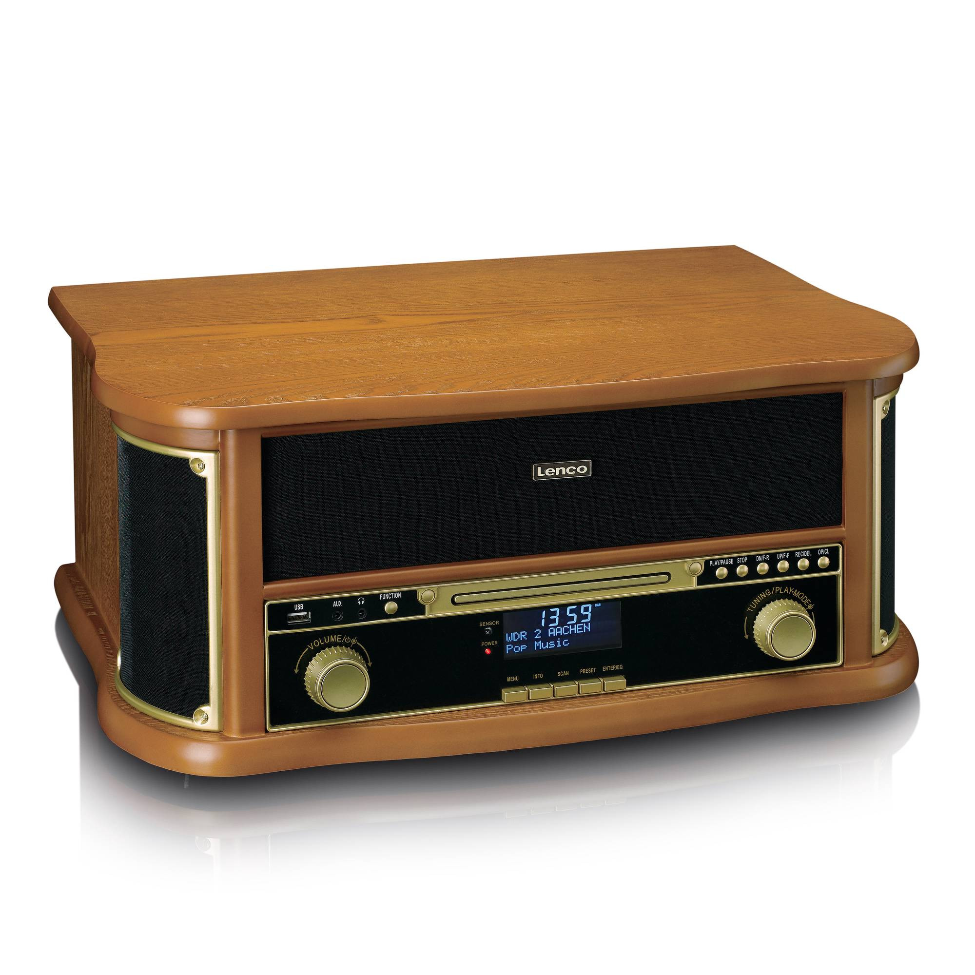 Toca-discos retrô de madeira com Bluetooth, CD e cassete.