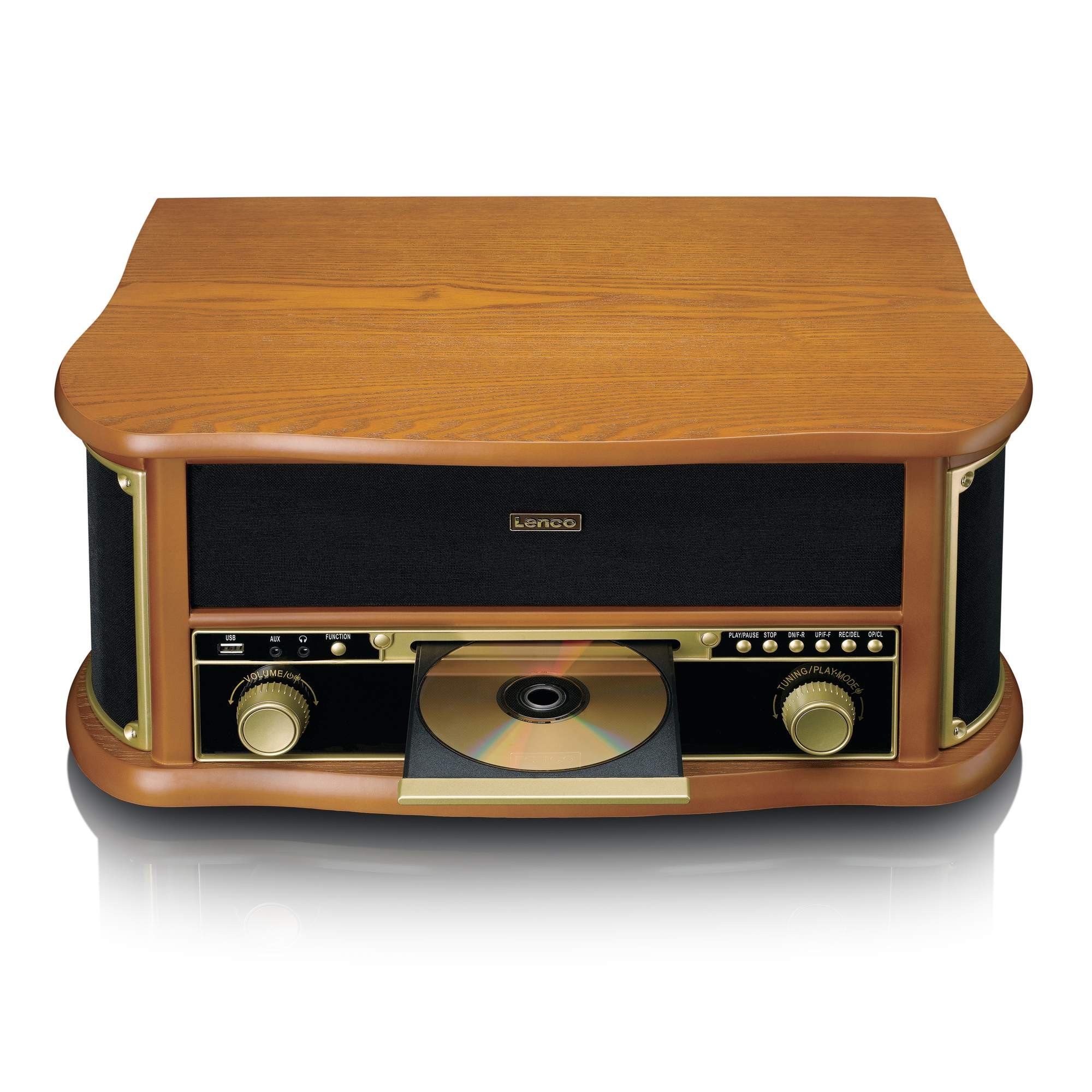 Toca-discos retrô de madeira com Bluetooth, CD e cassete.
