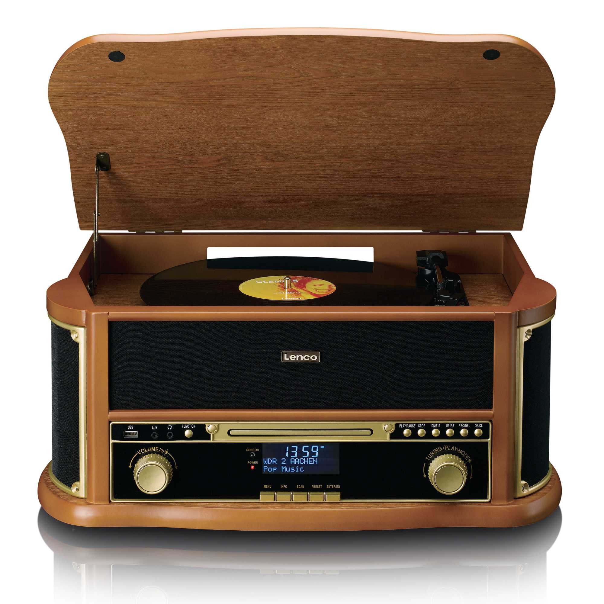 Toca-discos retrô de madeira com Bluetooth, CD e cassete.