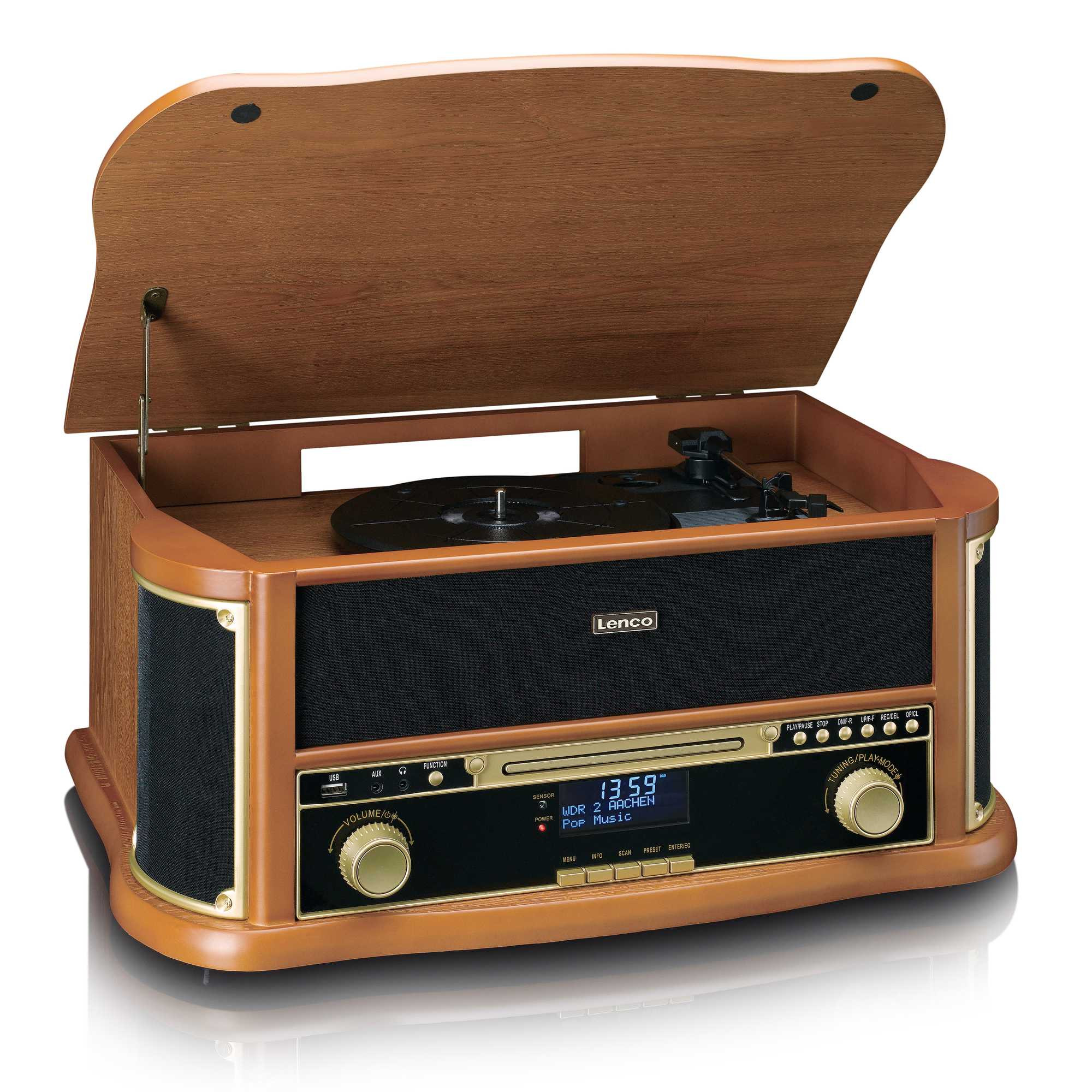 Toca-discos retrô de madeira com Bluetooth, CD e cassete.