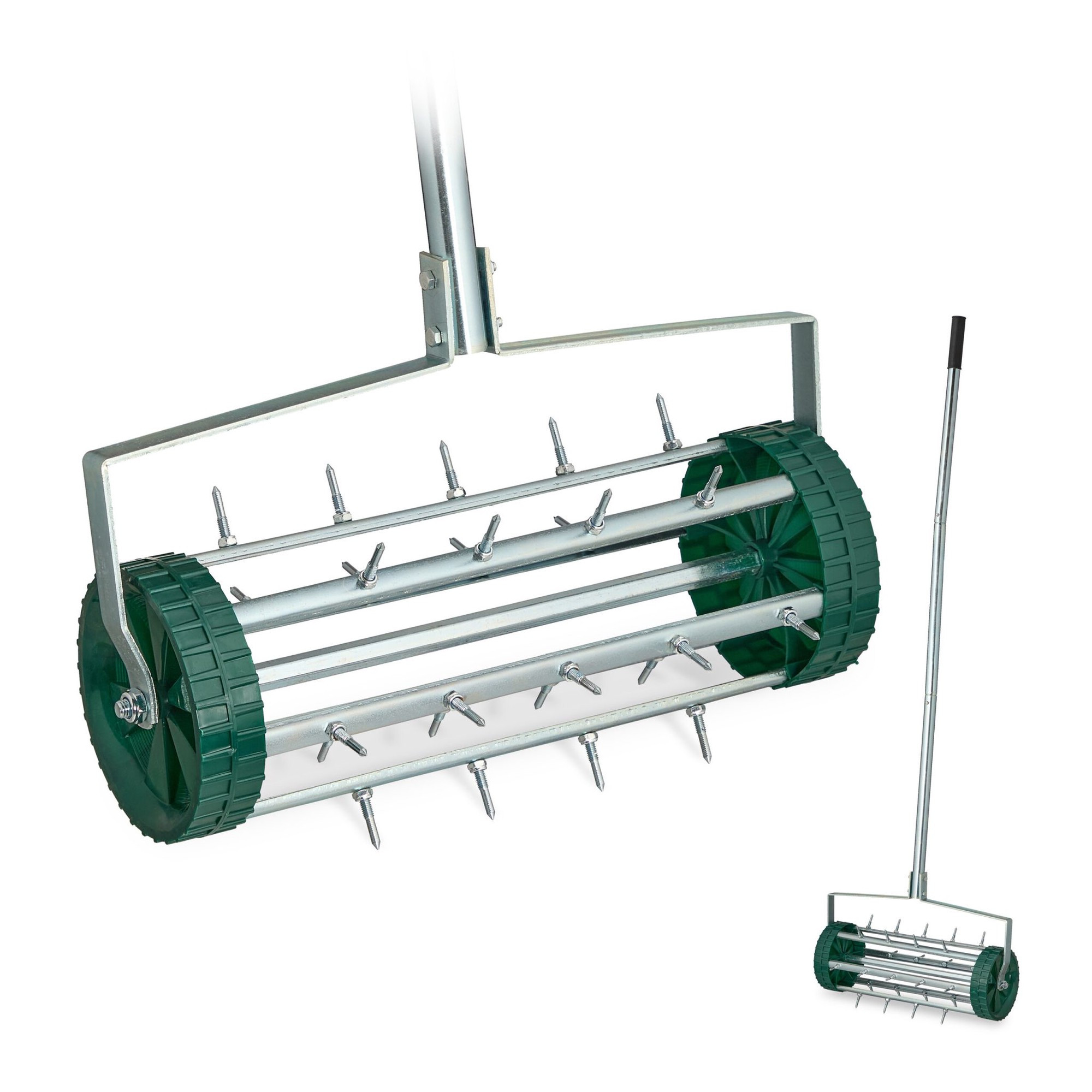Rolling lawn aerator with handle