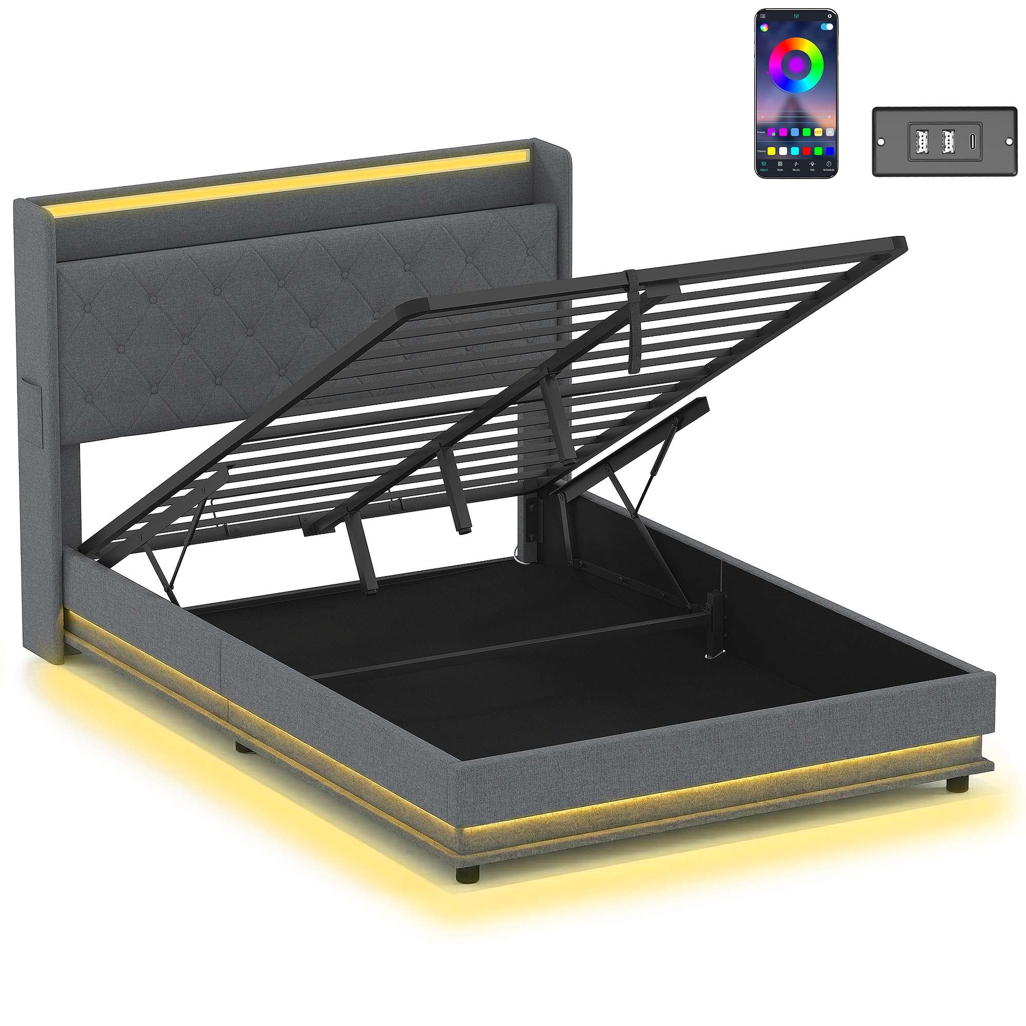 Platform Bed Frame 140x200 cm with Storage & LED Lights
