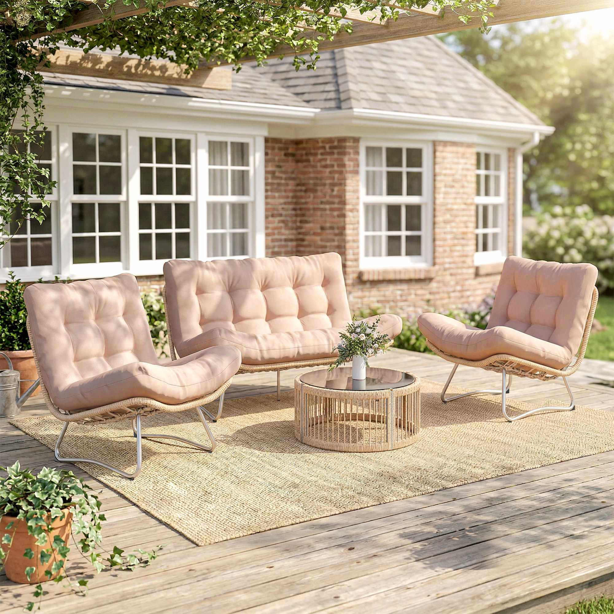 Set da giardino in polyrattan composto da 4 pezzi con cuscini
