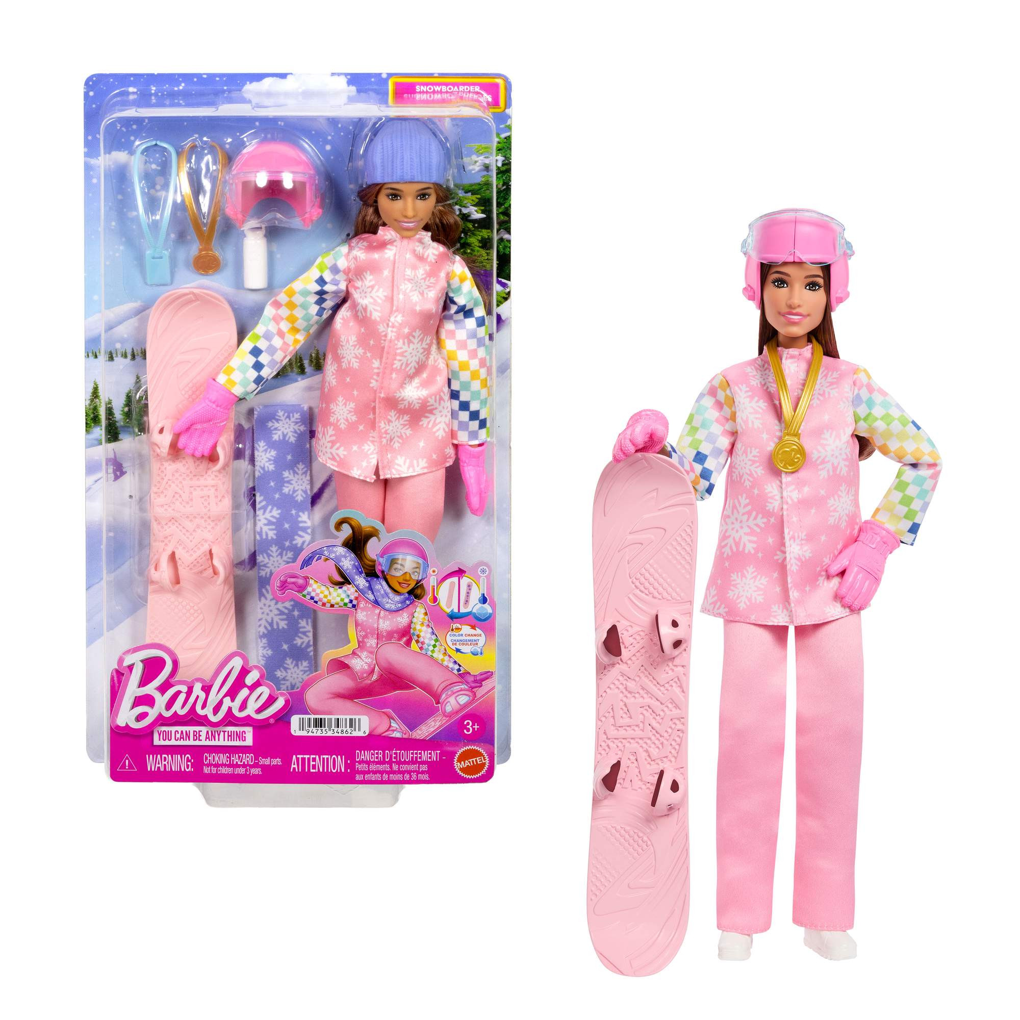 Boneca snowboarder com prancha e equipamentos que mudam de cor