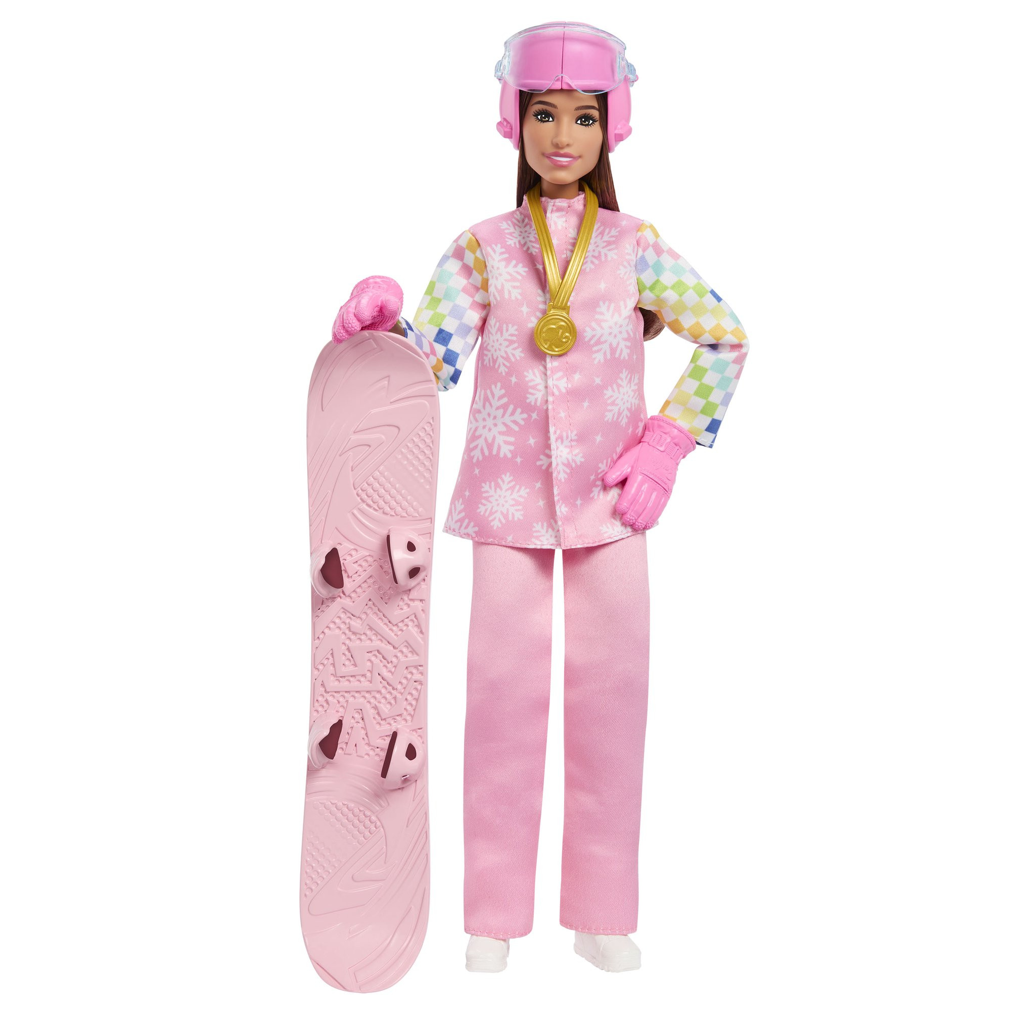 Boneca snowboarder com prancha e equipamentos que mudam de cor
