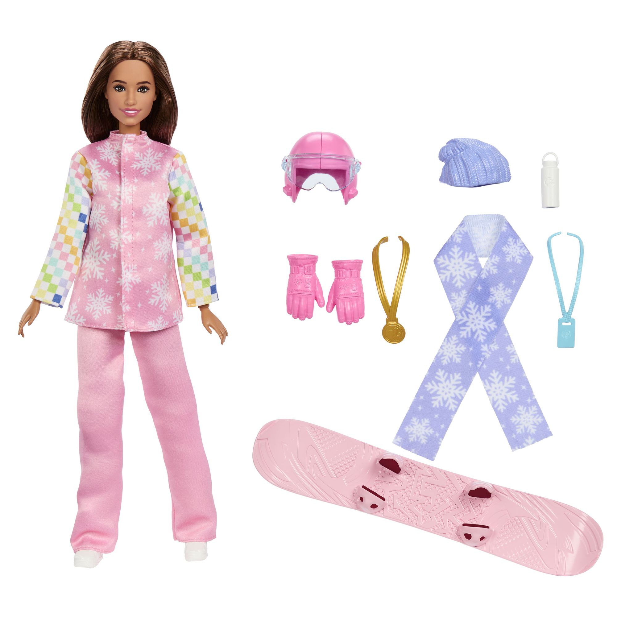 Boneca snowboarder com prancha e equipamentos que mudam de cor