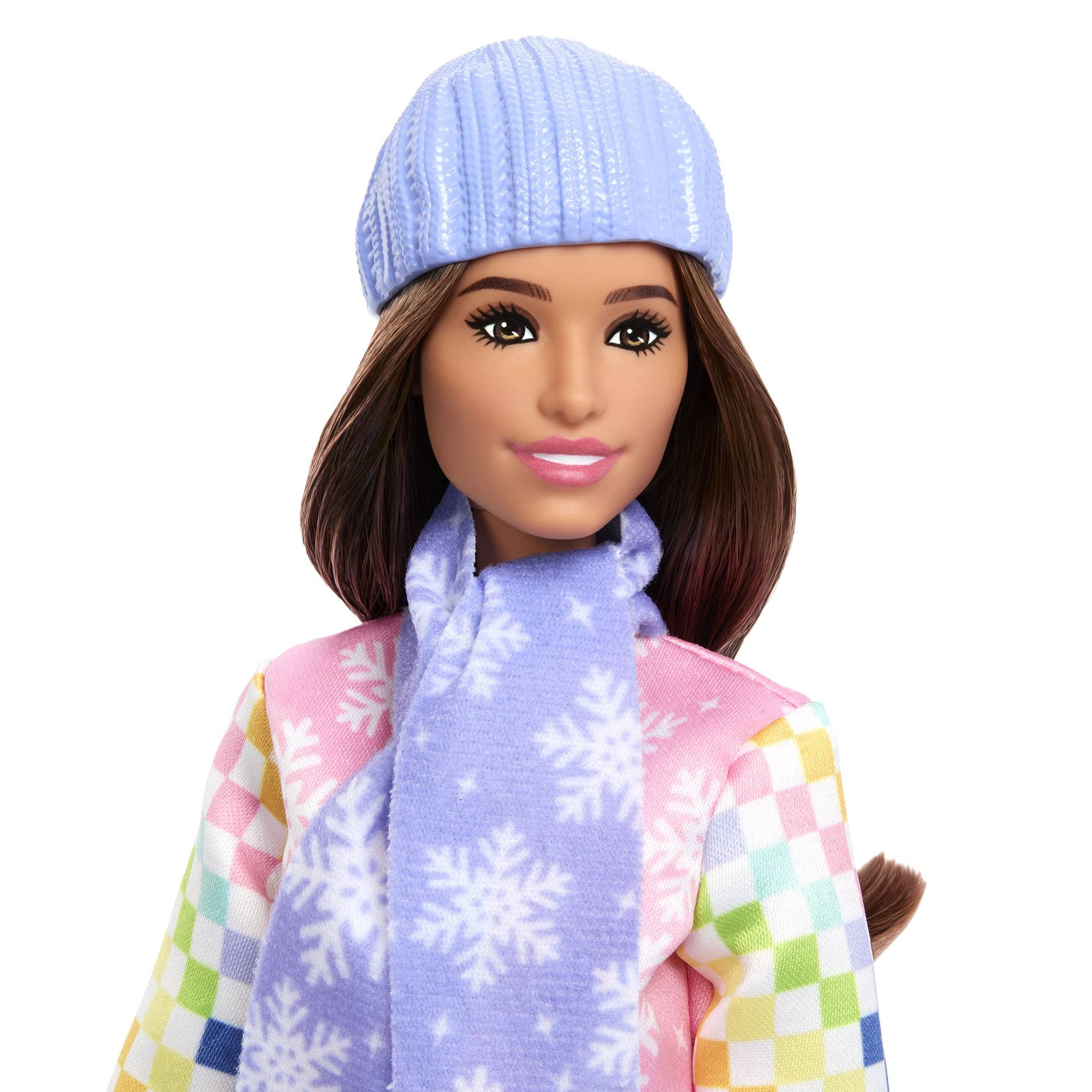 Boneca snowboarder com prancha e equipamentos que mudam de cor