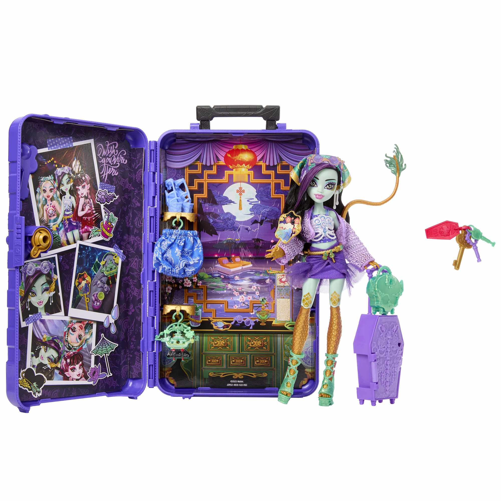Conjunto de boneca Monster High com roupas e acessórios.