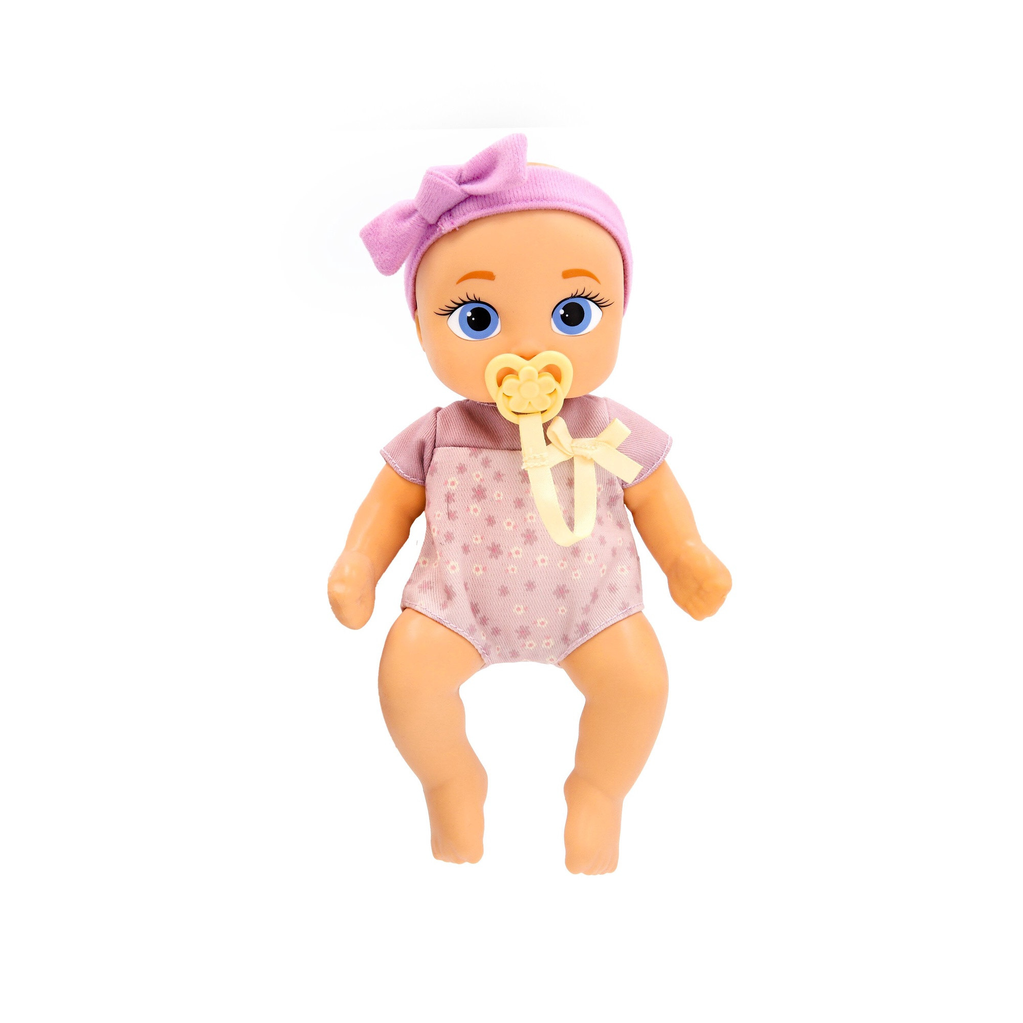 Boneca realista de bebê de 21 cm com roupinha e chupeta.