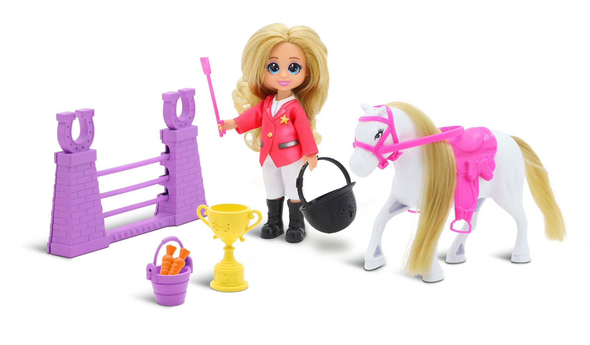 Set da gioco per bambole con cavallo, ostacolo e trofeo.