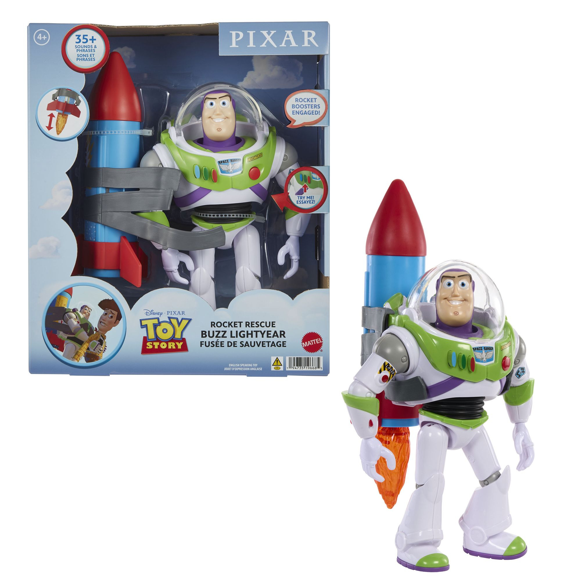 Action figure di Buzz Lightyear con razzo e suoni.