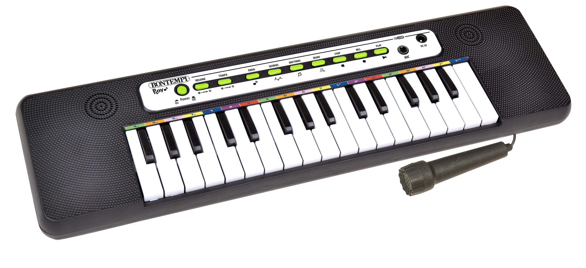 Teclado eletrônico de 32 teclas com microfone, sons e ritmos.