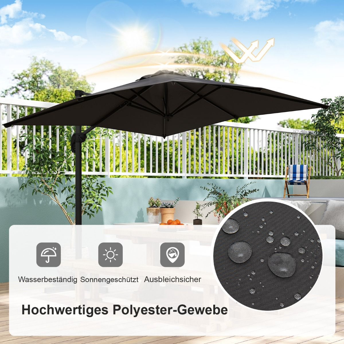 Sombrilla rectangular para patio, 250x250 cm, ajustable, gris.