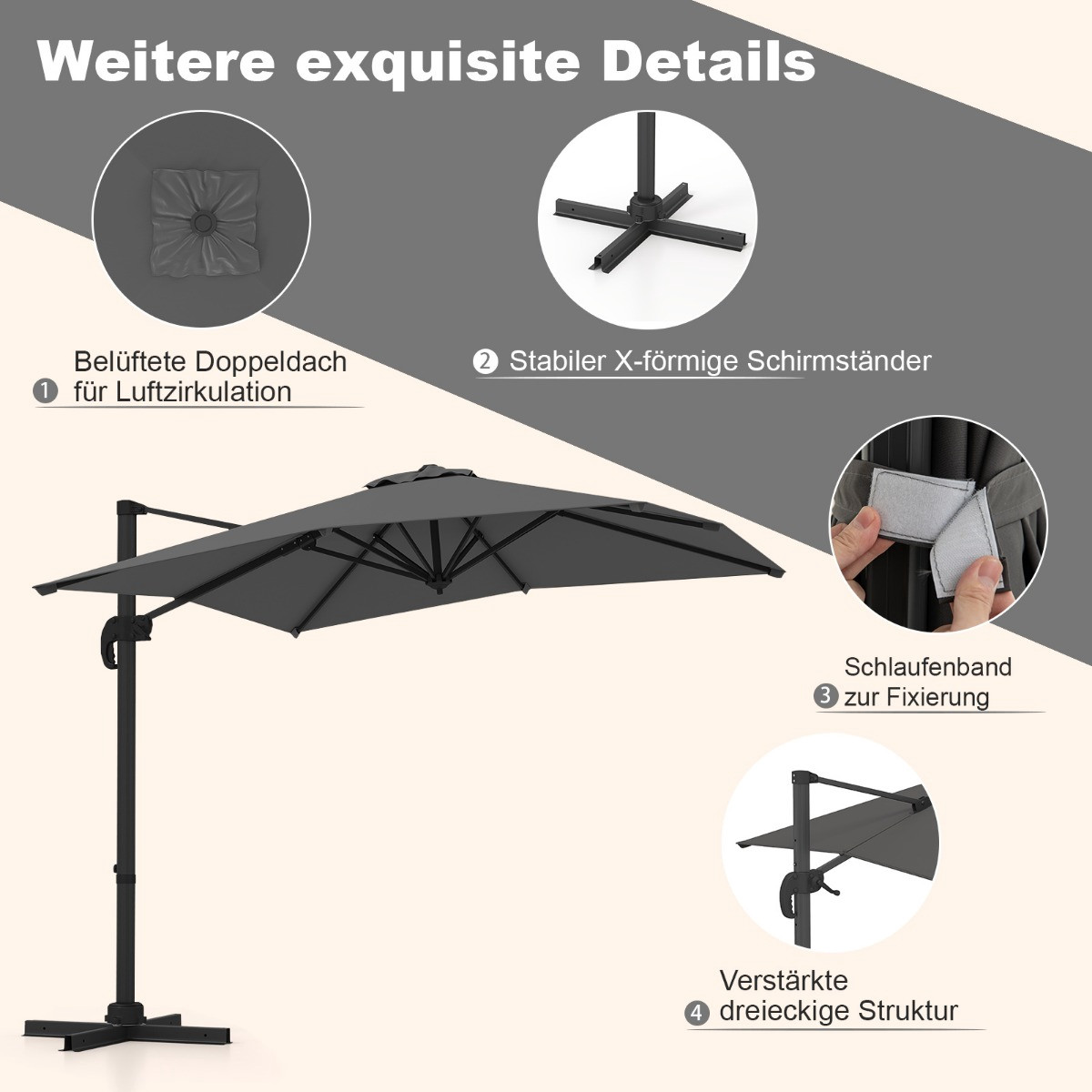 Rectangular Patio Umbrella, 250x250 cm, Adjustable, Gray