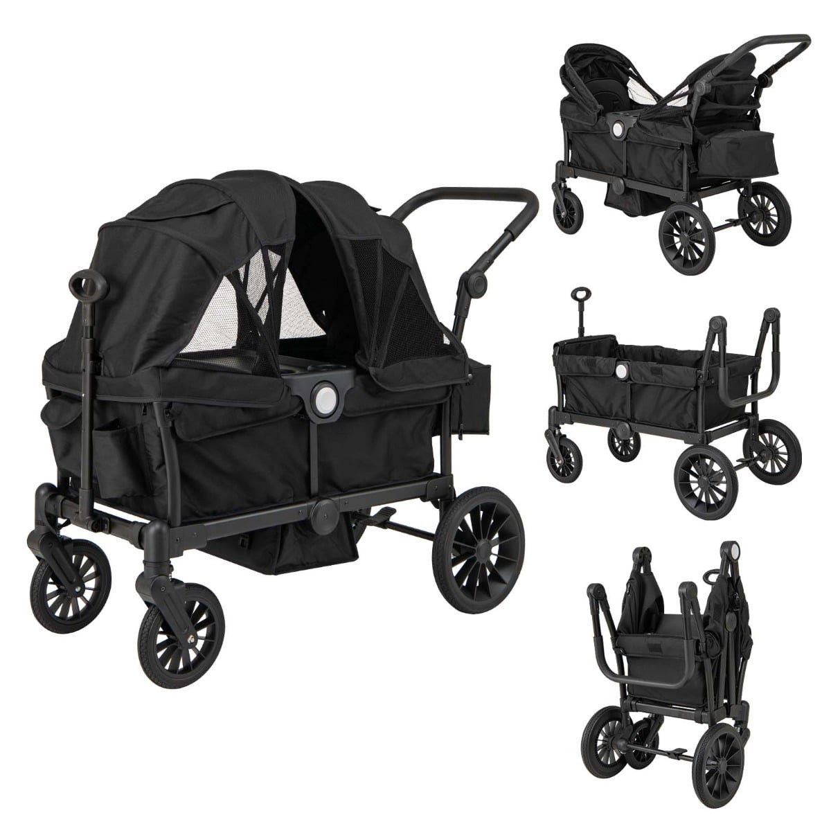 2-in-1 Foldable Double Stroller with Adjustable Handle, Black