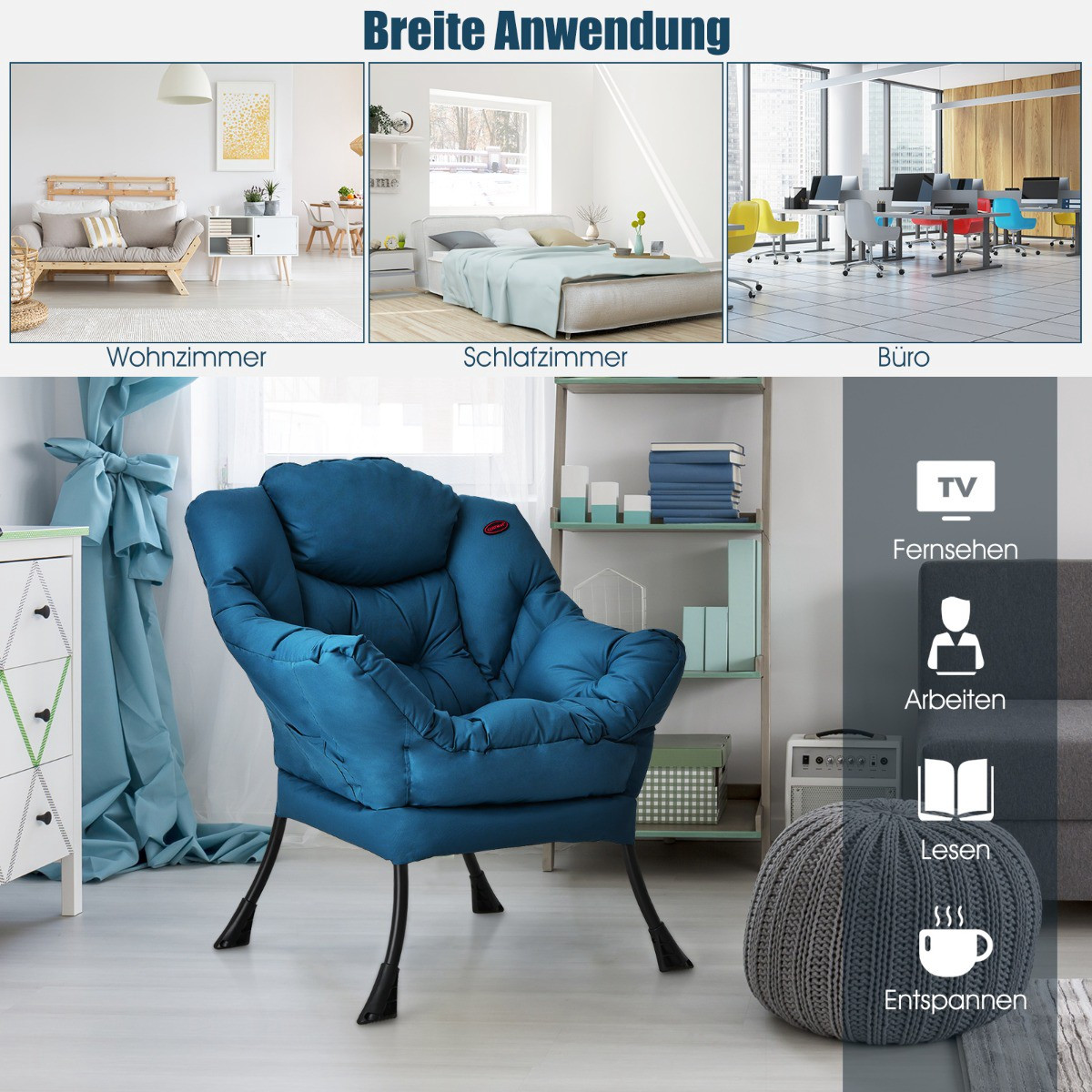 Gepolsterter Sessel mit Seitentasche, blauer Polyesterstoff