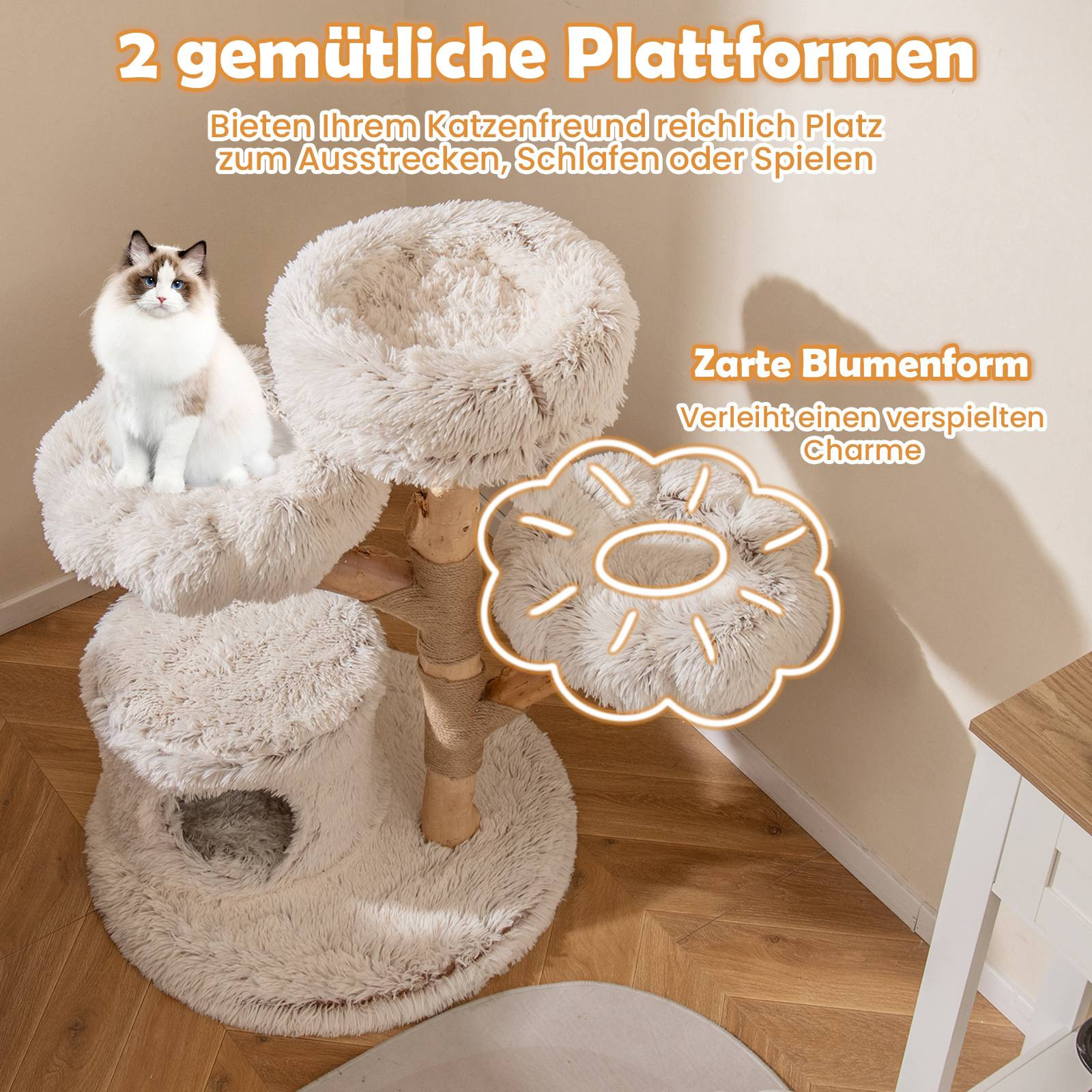 Cat Tree with Solid Wood Post and Plush Platforms, 102 cm