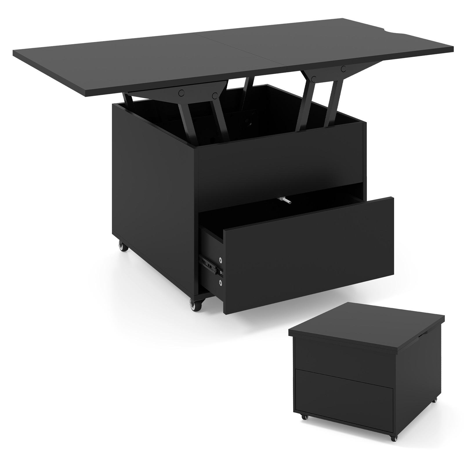 Table basse relevable réglable avec rangement, noire