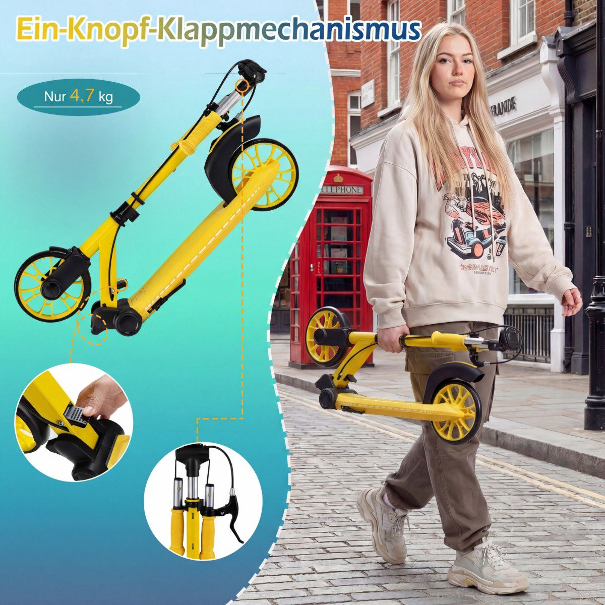 Foldable Scooter with LED Wheels, Adjustable Height, Yellow