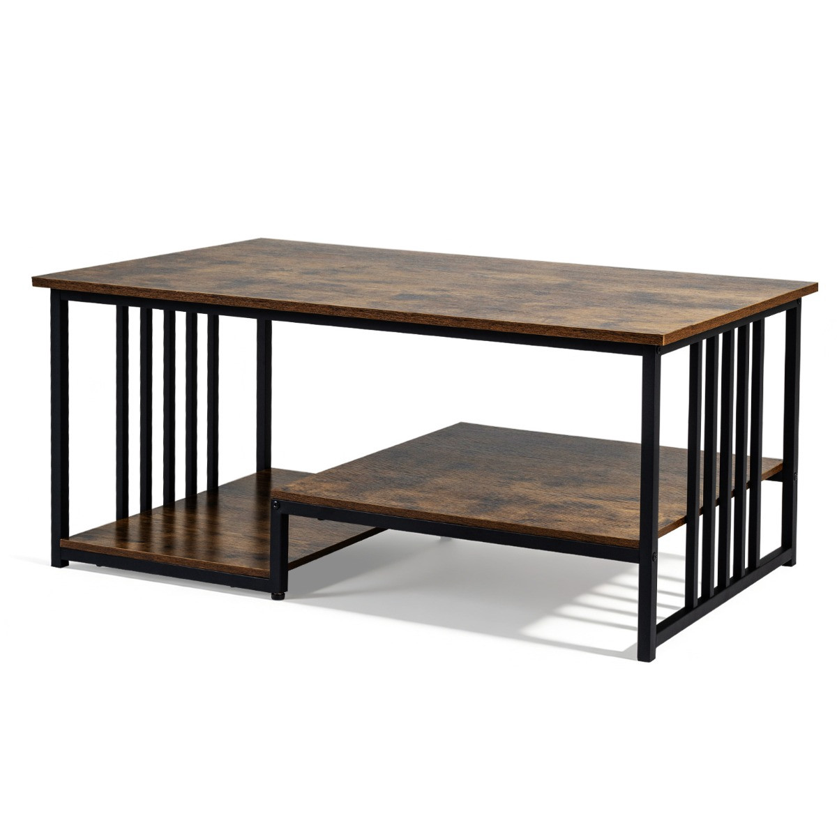 Mesa de centro rectangular con 2 estantes y estructura metálica.