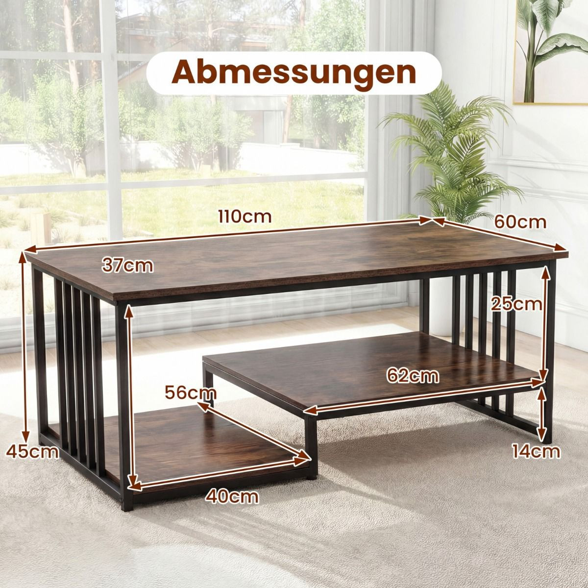 Table basse rectangulaire à 2 étagères, structure en métal