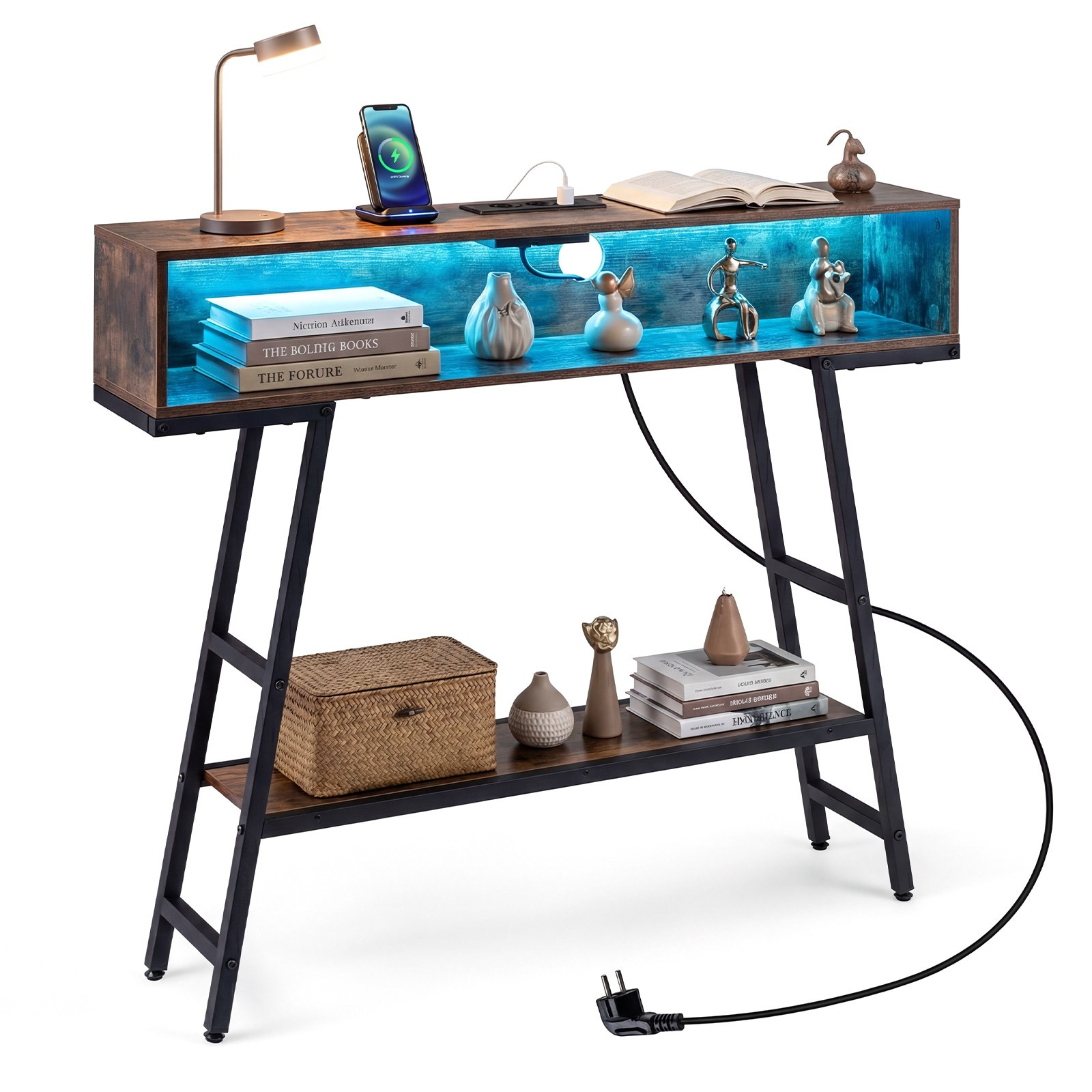 Console Table with LED Lighting & Charging Station, 3-Tier, Rustic ...