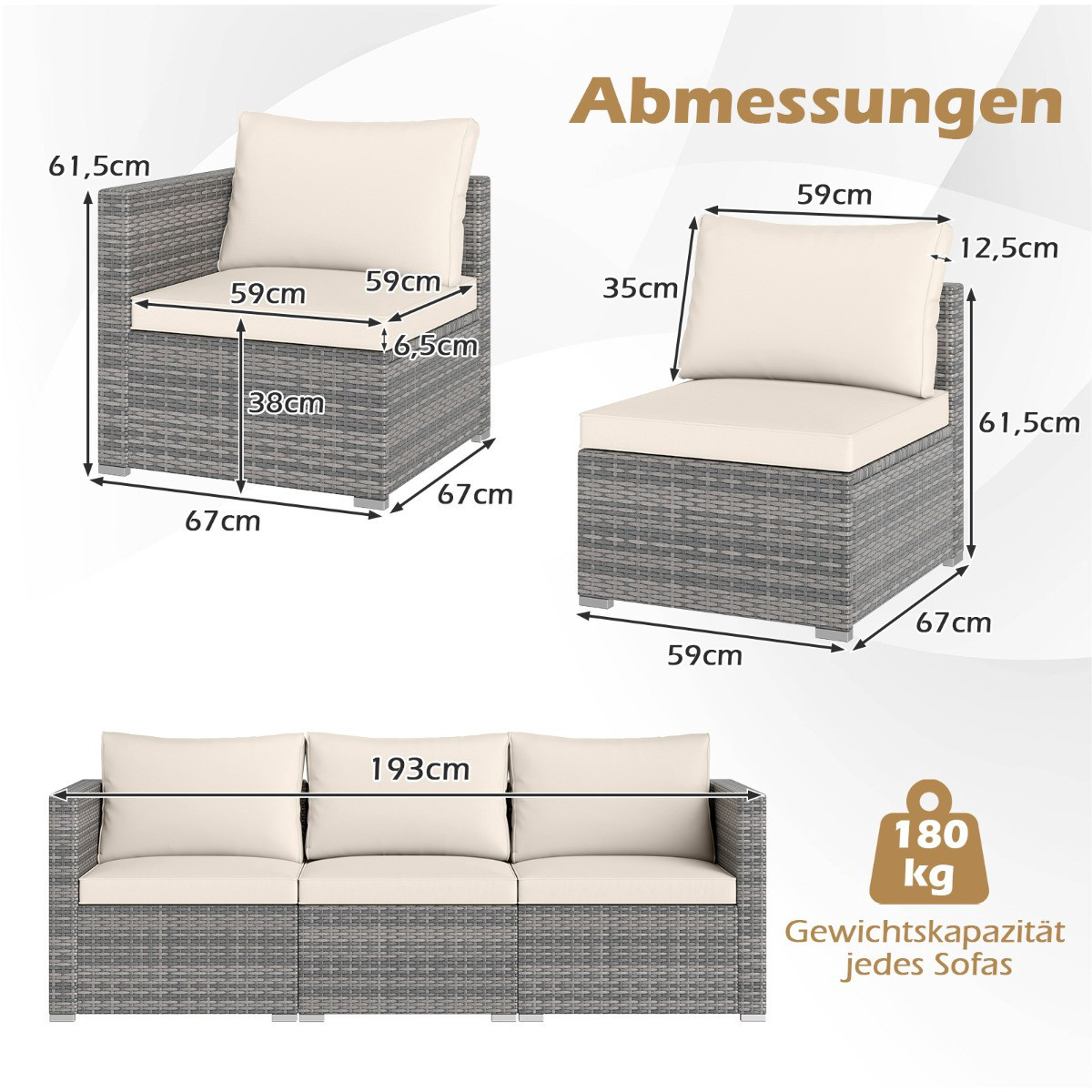 Conjunto de sofá modular para pátio de 3 peças com almofadas, branco