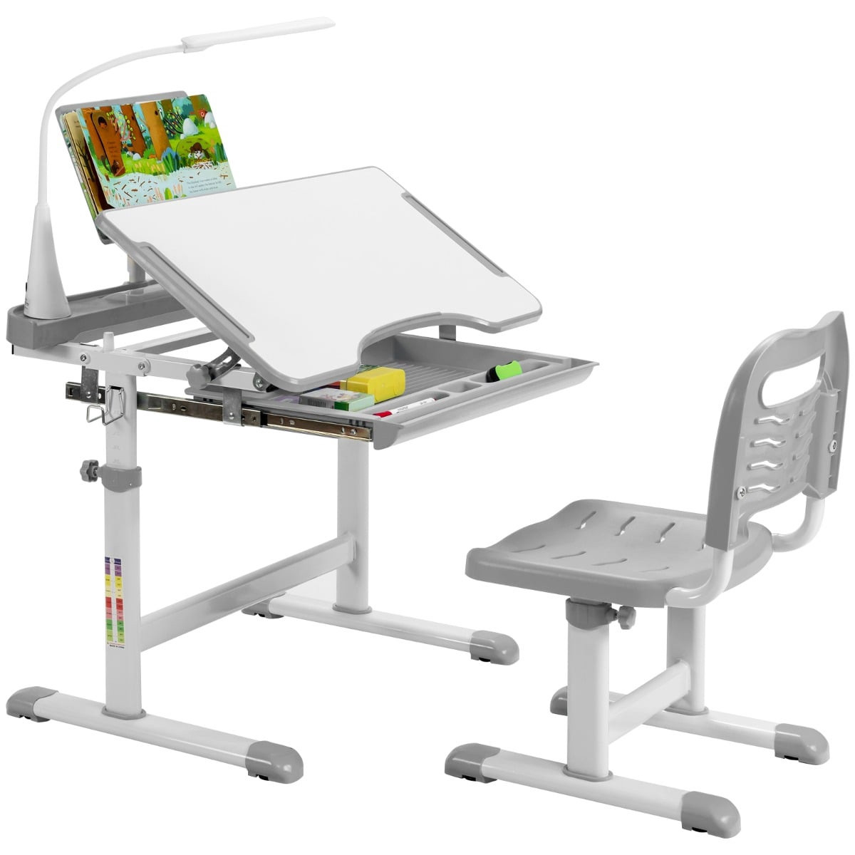 Set scrivania e sedia per bambini con luce LED e altezza regolabile.