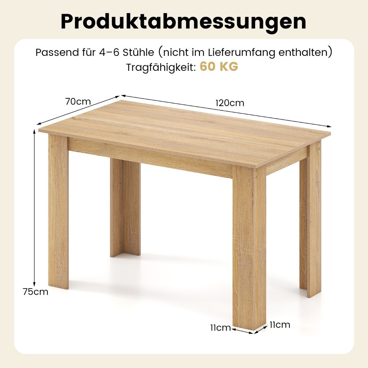 Mesa de comedor rectangular para 4-6 personas, 120 cm, madera.