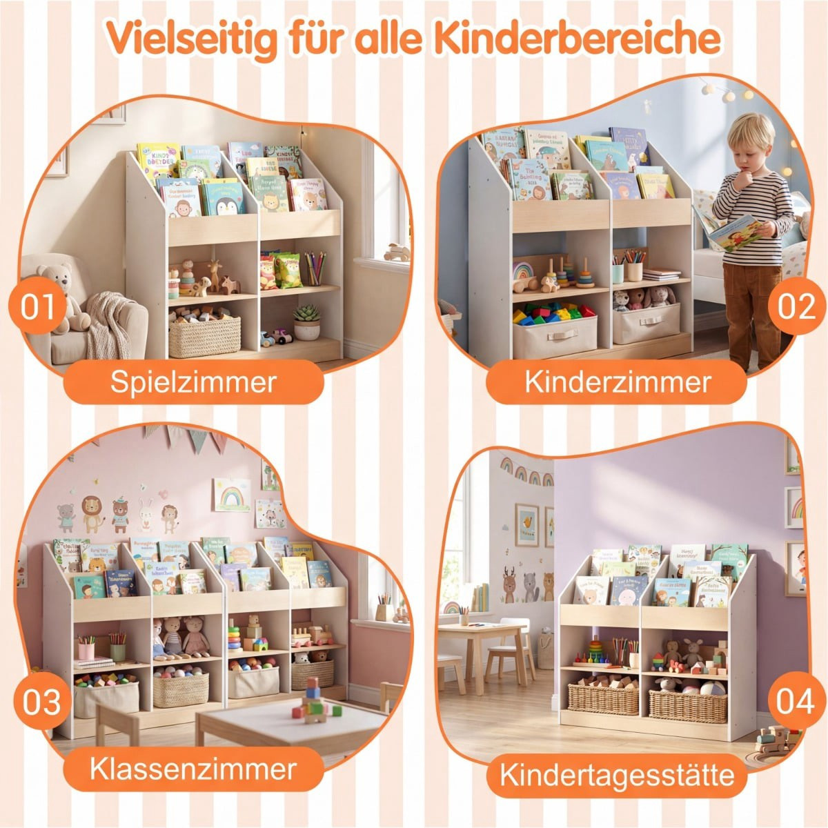 Libreria per bambini con 4 cubi e scomparti portaoggetti
