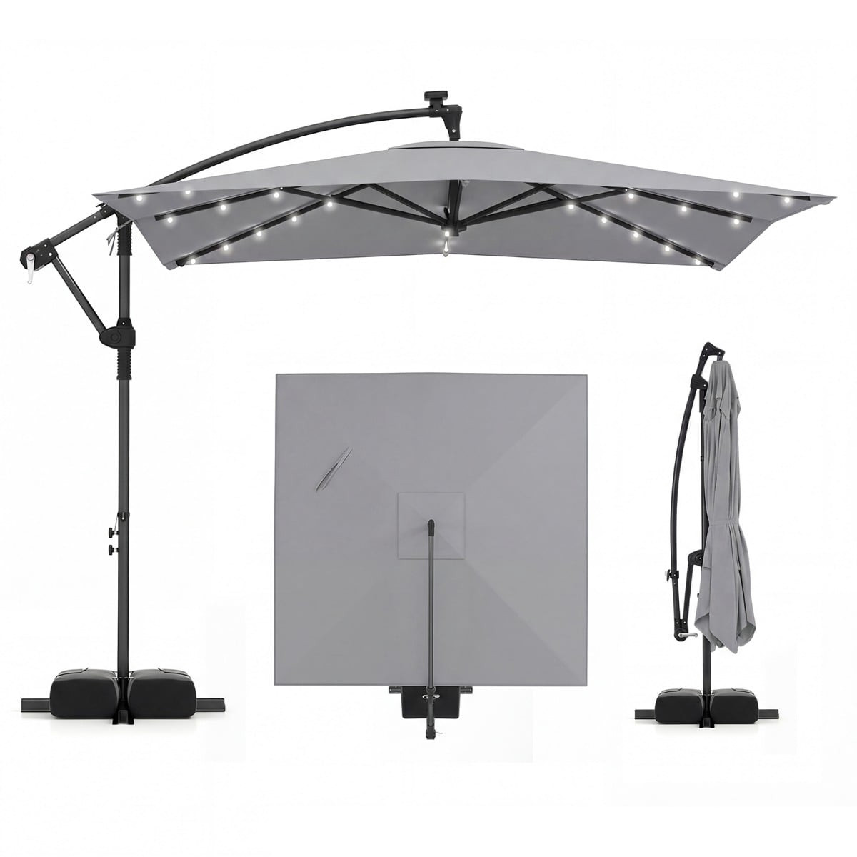 Rectangular Patio Umbrella with Stand, LED Lights, 360 Rotation