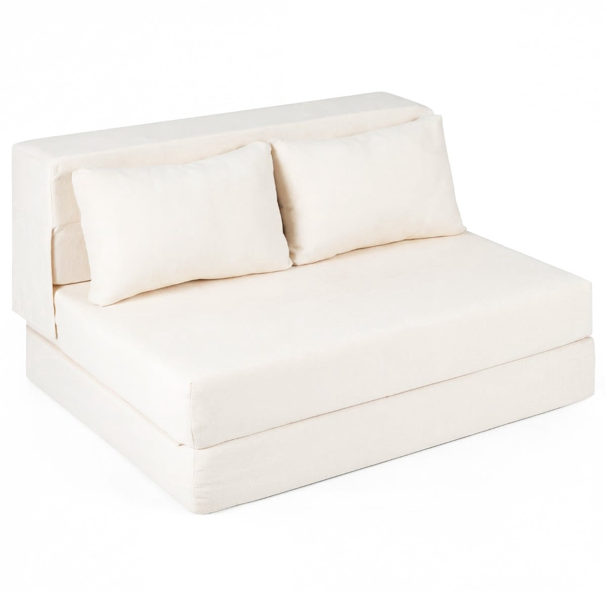 Sofá-cama conversível em chenille com 2 almofadas, bege