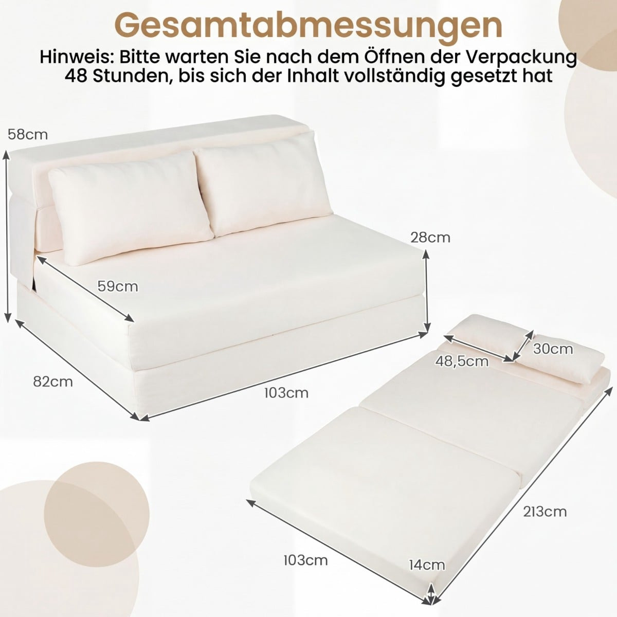 Sofá-cama conversível em chenille com 2 almofadas, bege