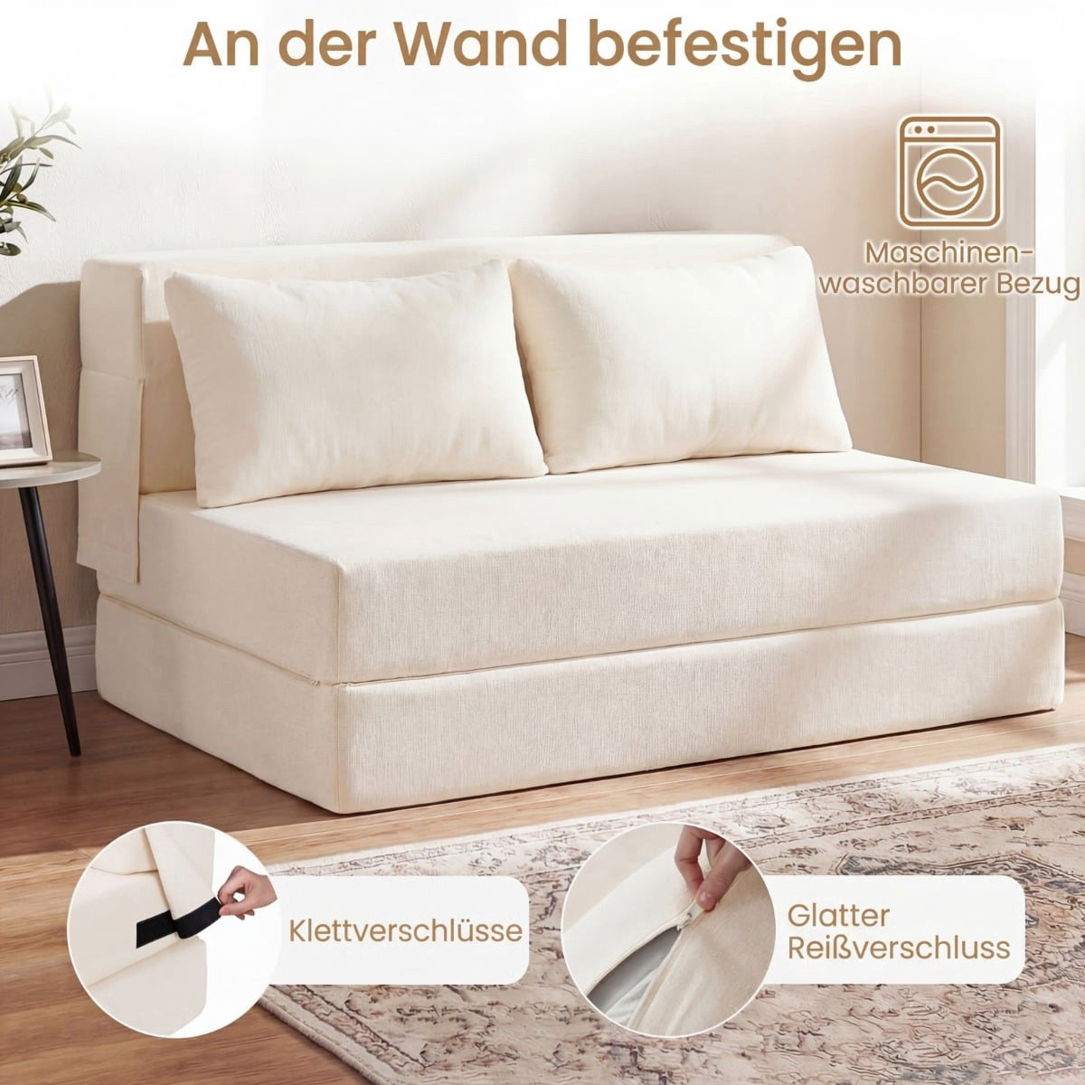 Sofá-cama conversível em chenille com 2 almofadas, bege