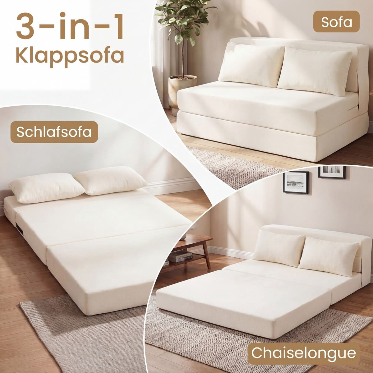 Sofá-cama conversível em chenille com 2 almofadas, bege