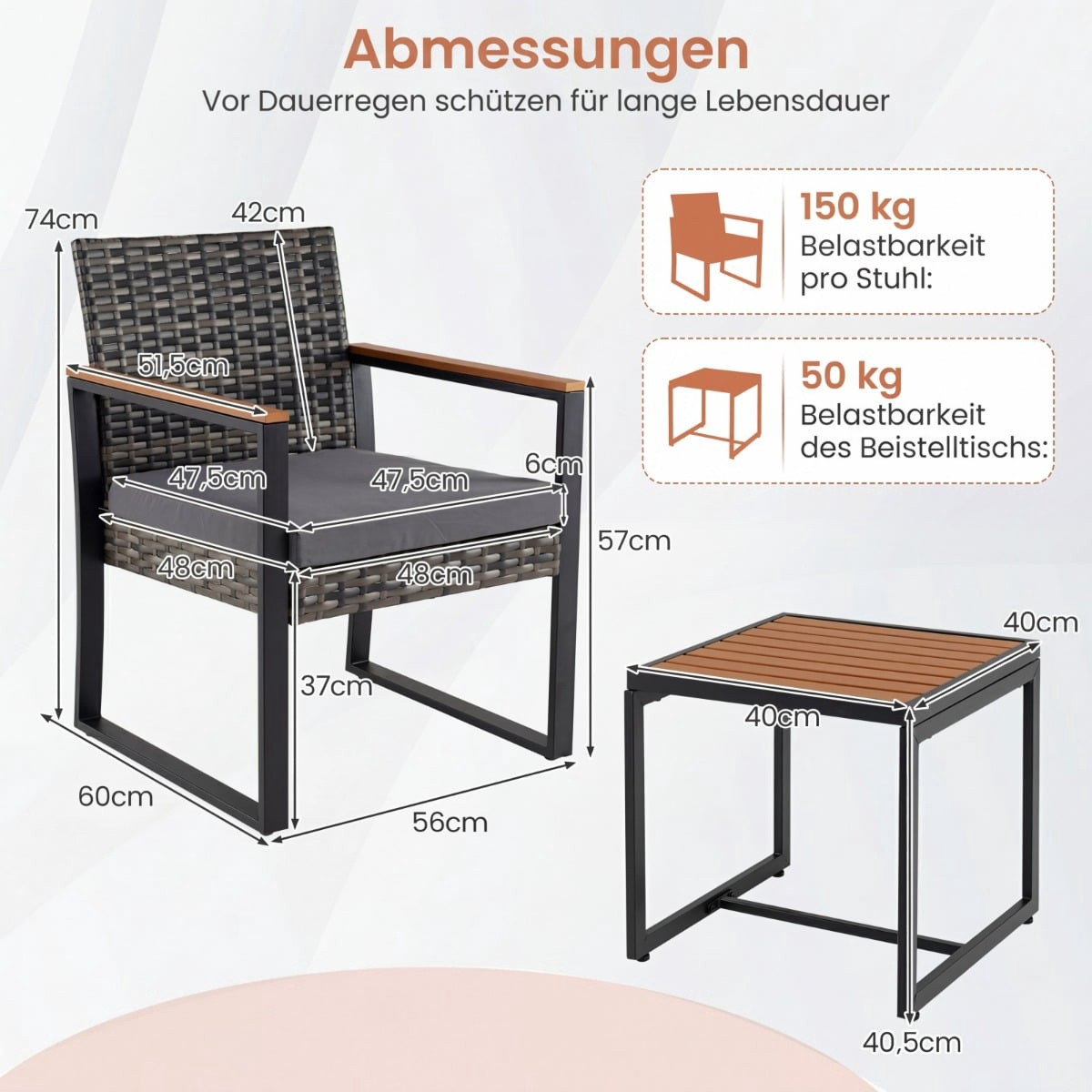 Set di mobili da balcone composto da 3 pezzi con cuscini e tavolo.