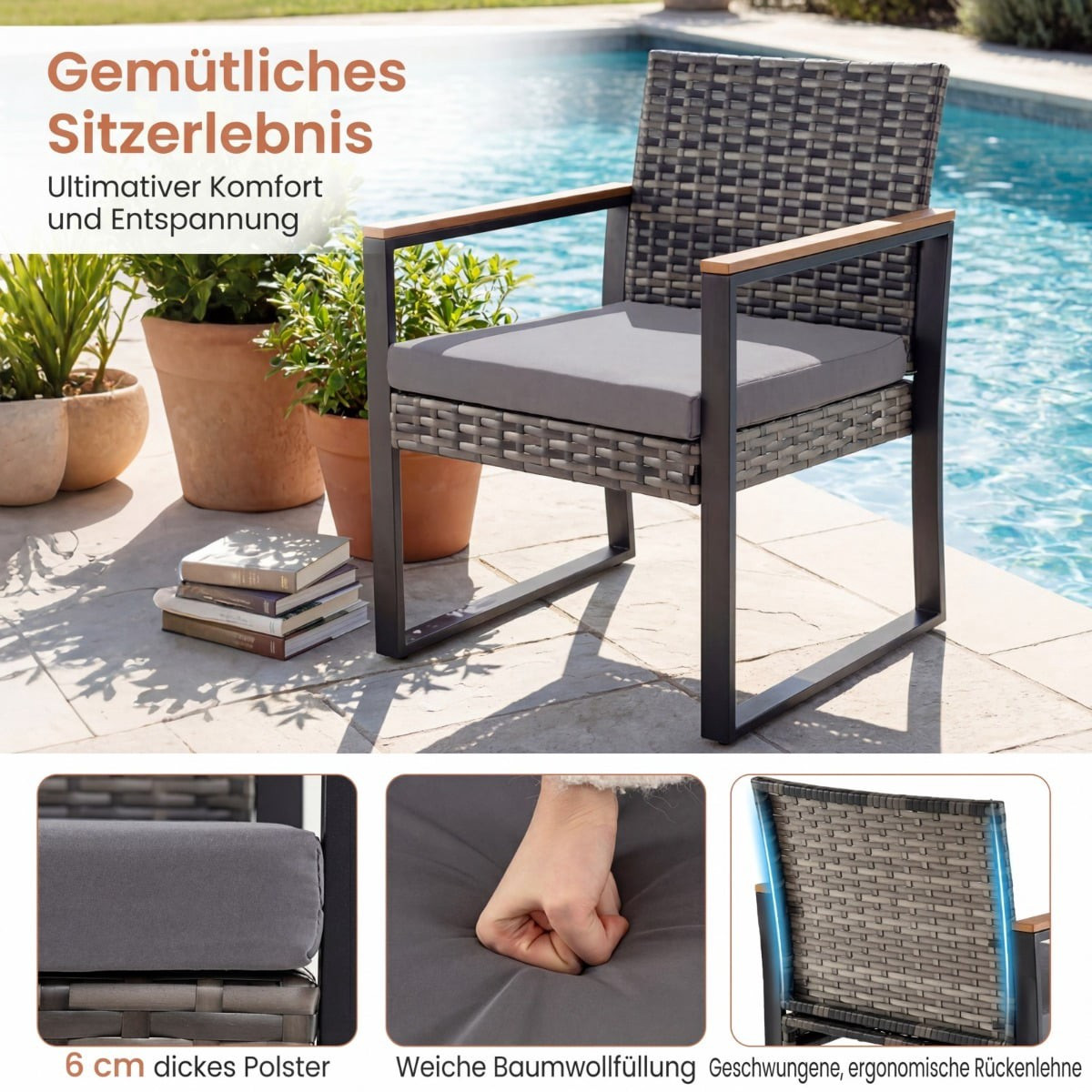 Set di mobili da balcone composto da 3 pezzi con cuscini e tavolo.