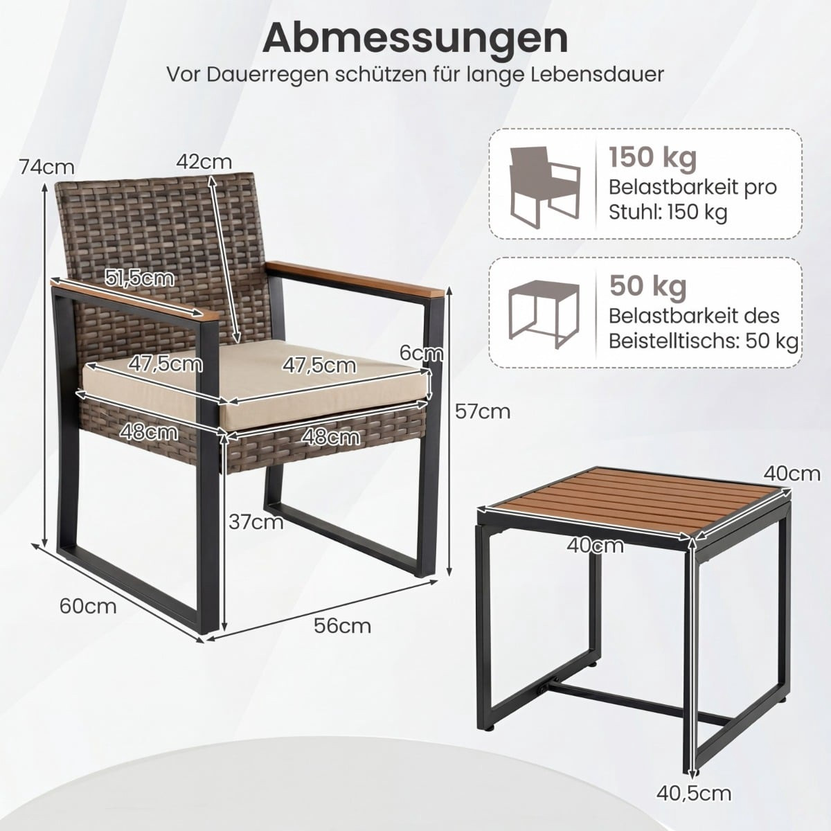 Set di mobili da balcone composto da 3 pezzi con cuscini e tavolo.