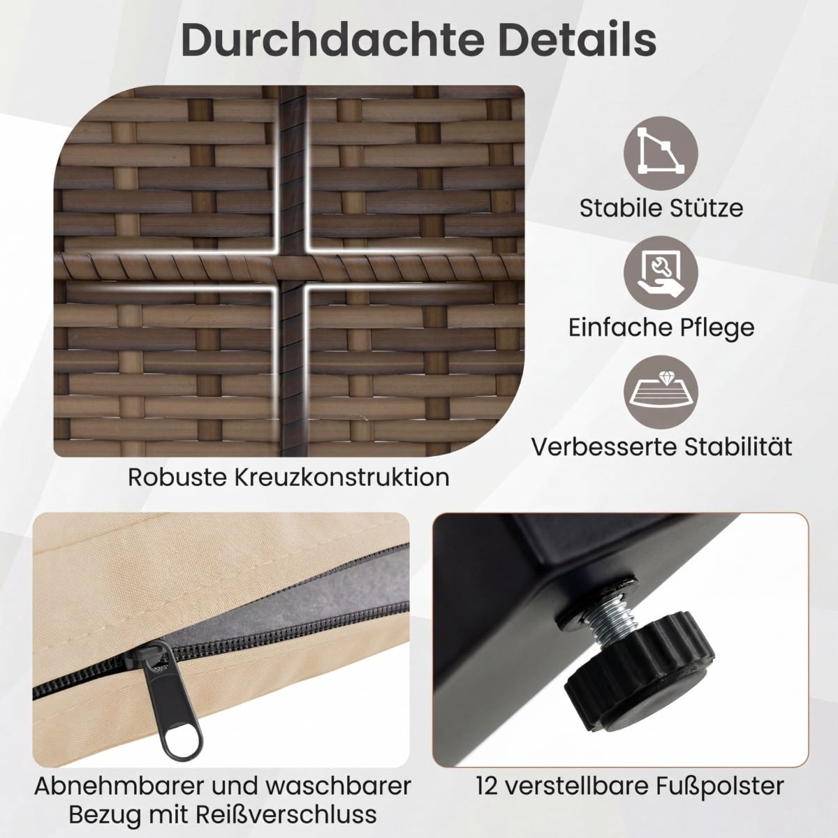 Set di mobili da balcone composto da 3 pezzi con cuscini e tavolo.