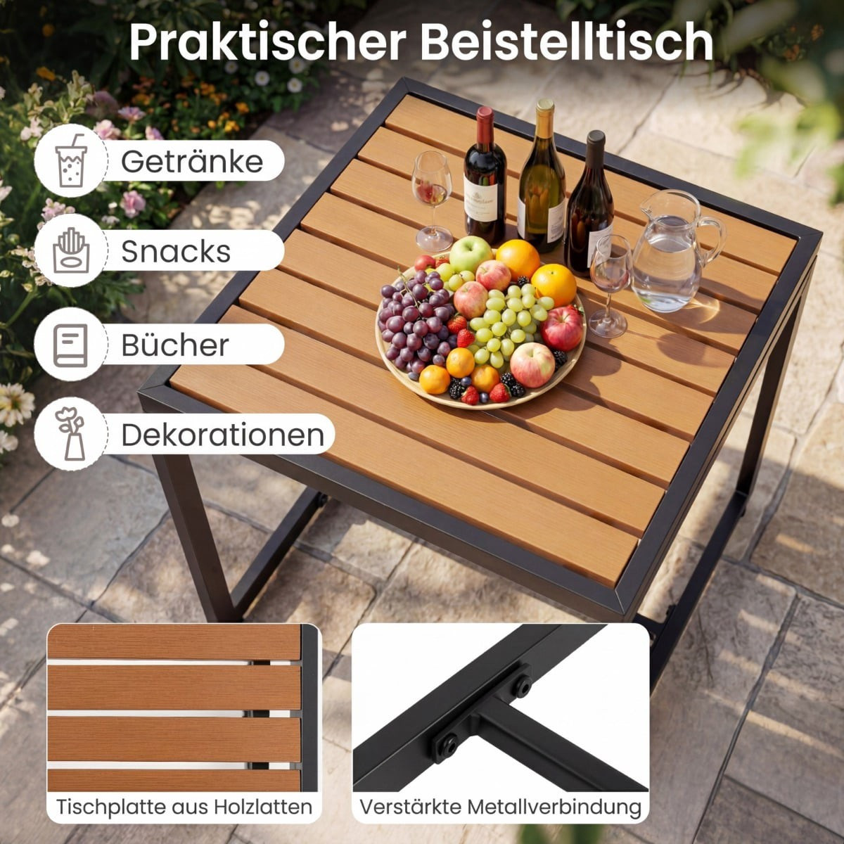 Set di mobili da balcone composto da 3 pezzi con cuscini e tavolo.