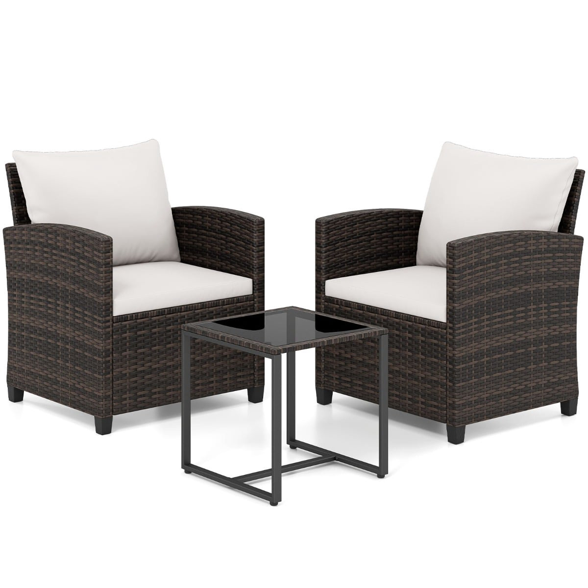 Conjunto de vime para varanda com almofadas e mesa de vidro.