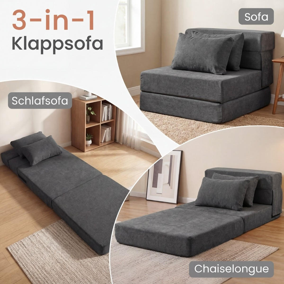 Sofá-cama conversível 3 em 1 em chenille com 2 almofadas, cinza