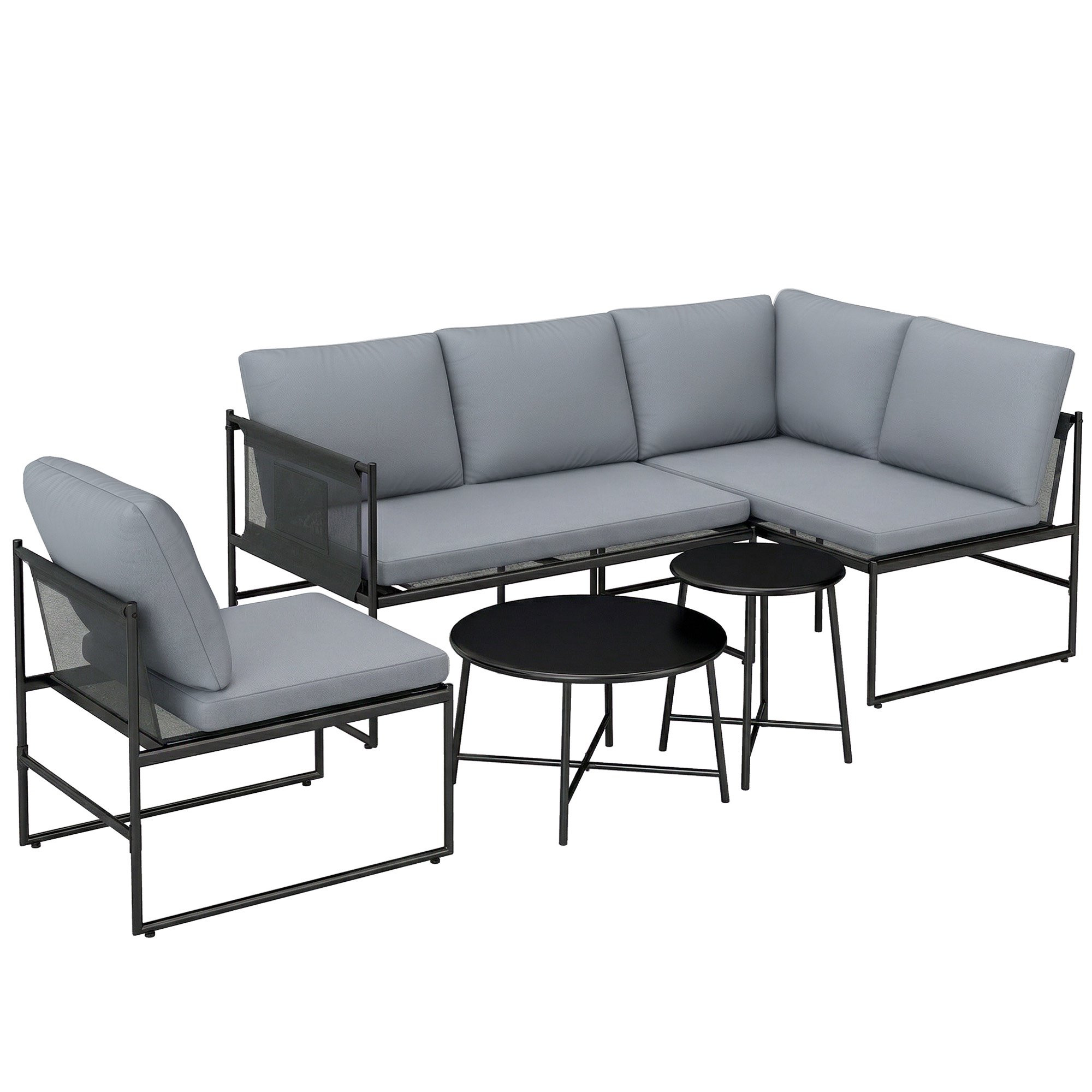 Conjunto de lounge externo para 4 a 5 pessoas com sofá e mesa.