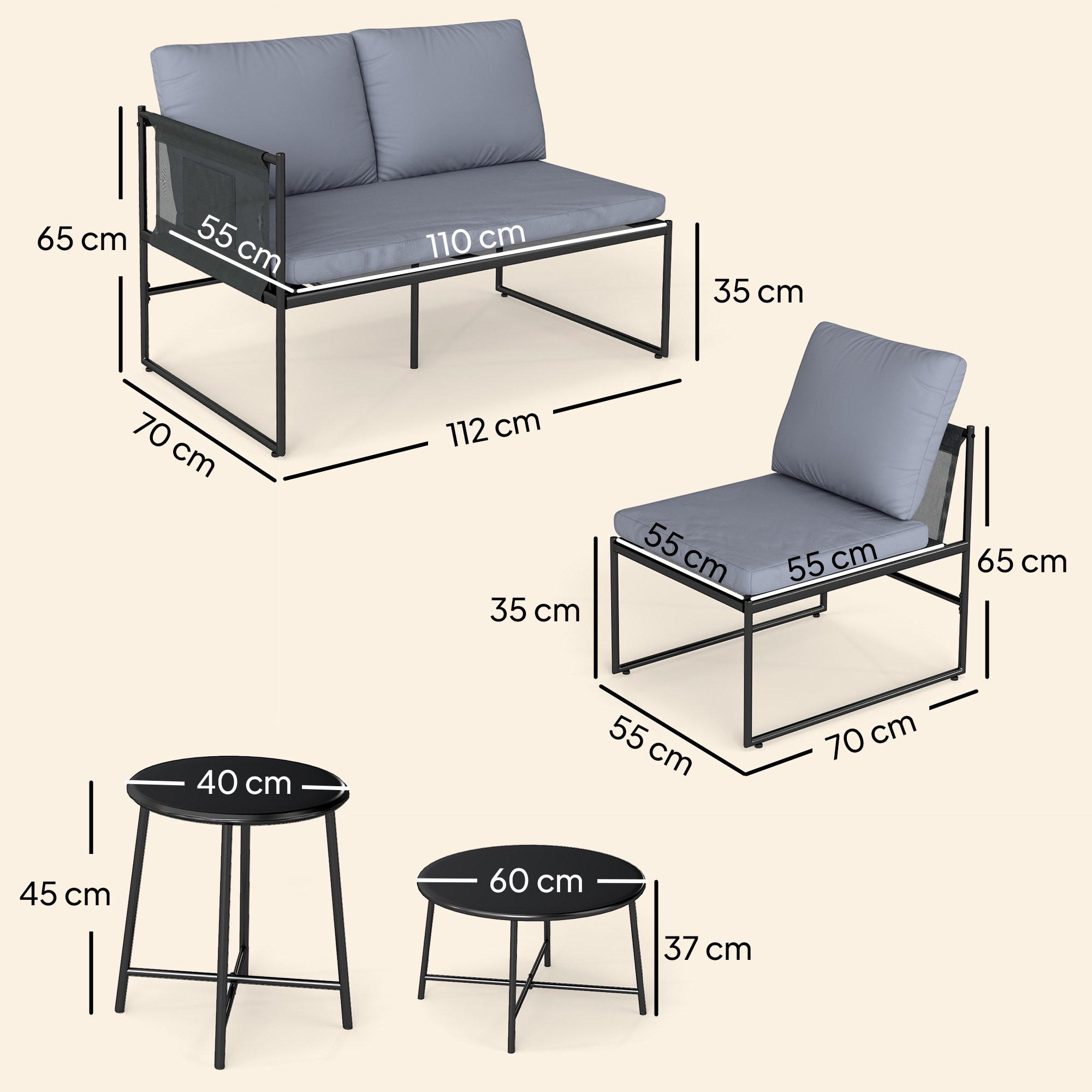 Conjunto de lounge externo para 4 a 5 pessoas com sofá e mesa.