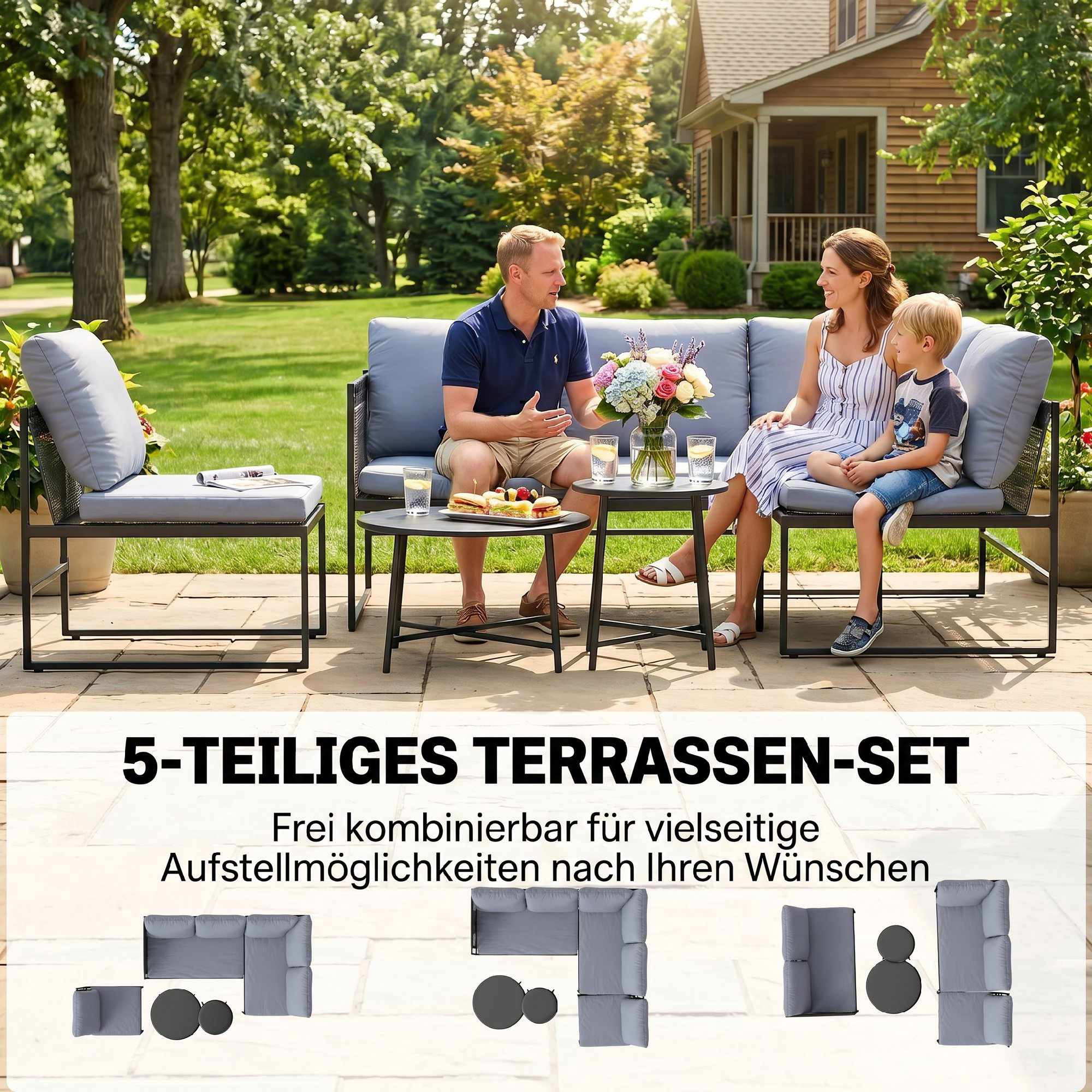 Conjunto de lounge externo para 4 a 5 pessoas com sofá e mesa.